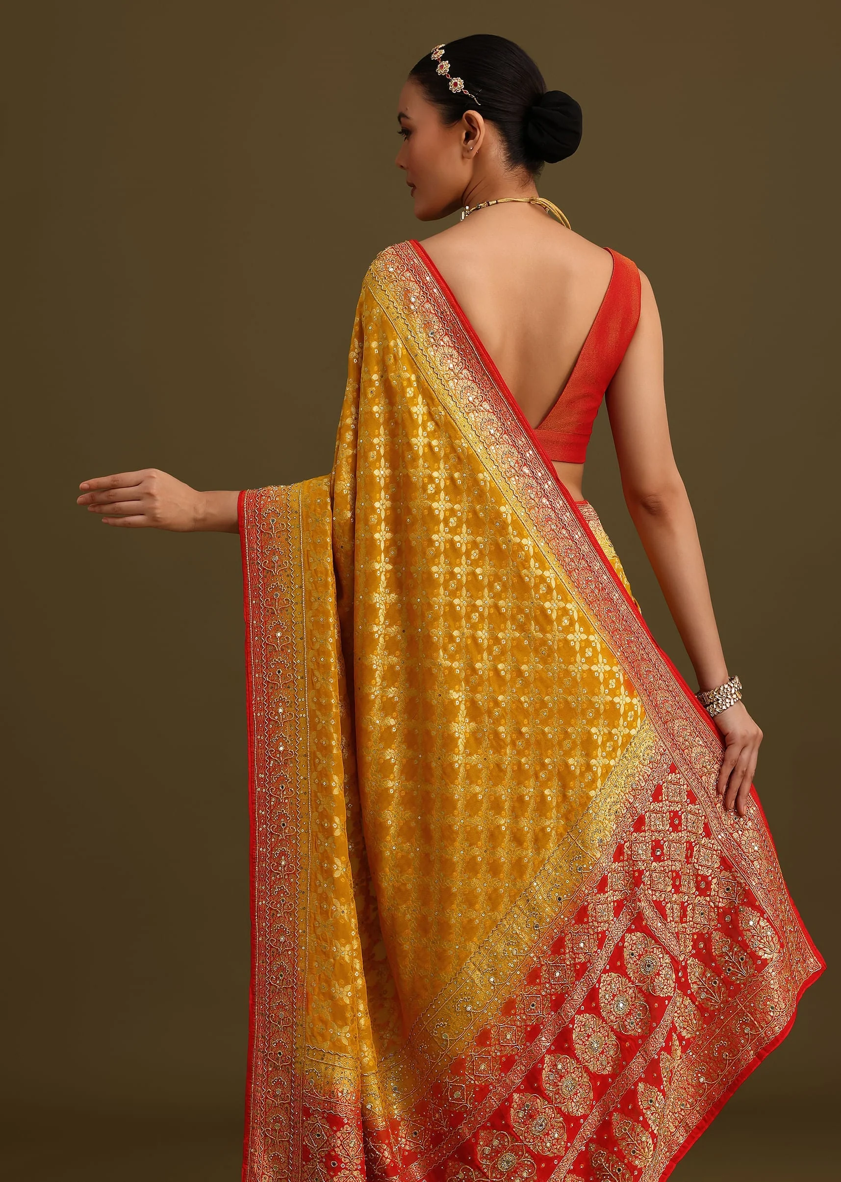 Yellow Khaddi Georgette Bandhani Weave Cutdana Saree - Image 6