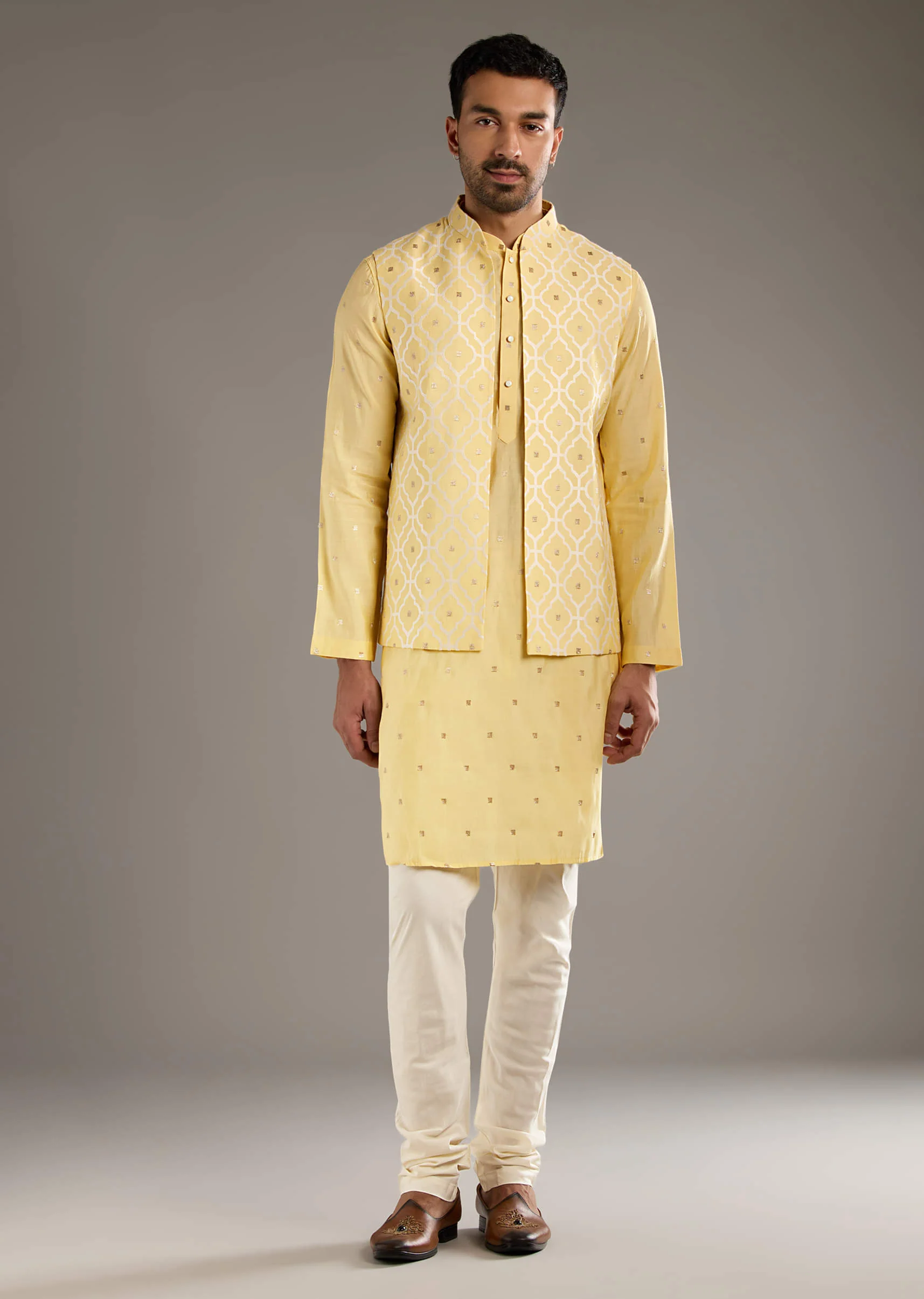 Yellow Kurta Jacket Set For Men With Hand Embroidery