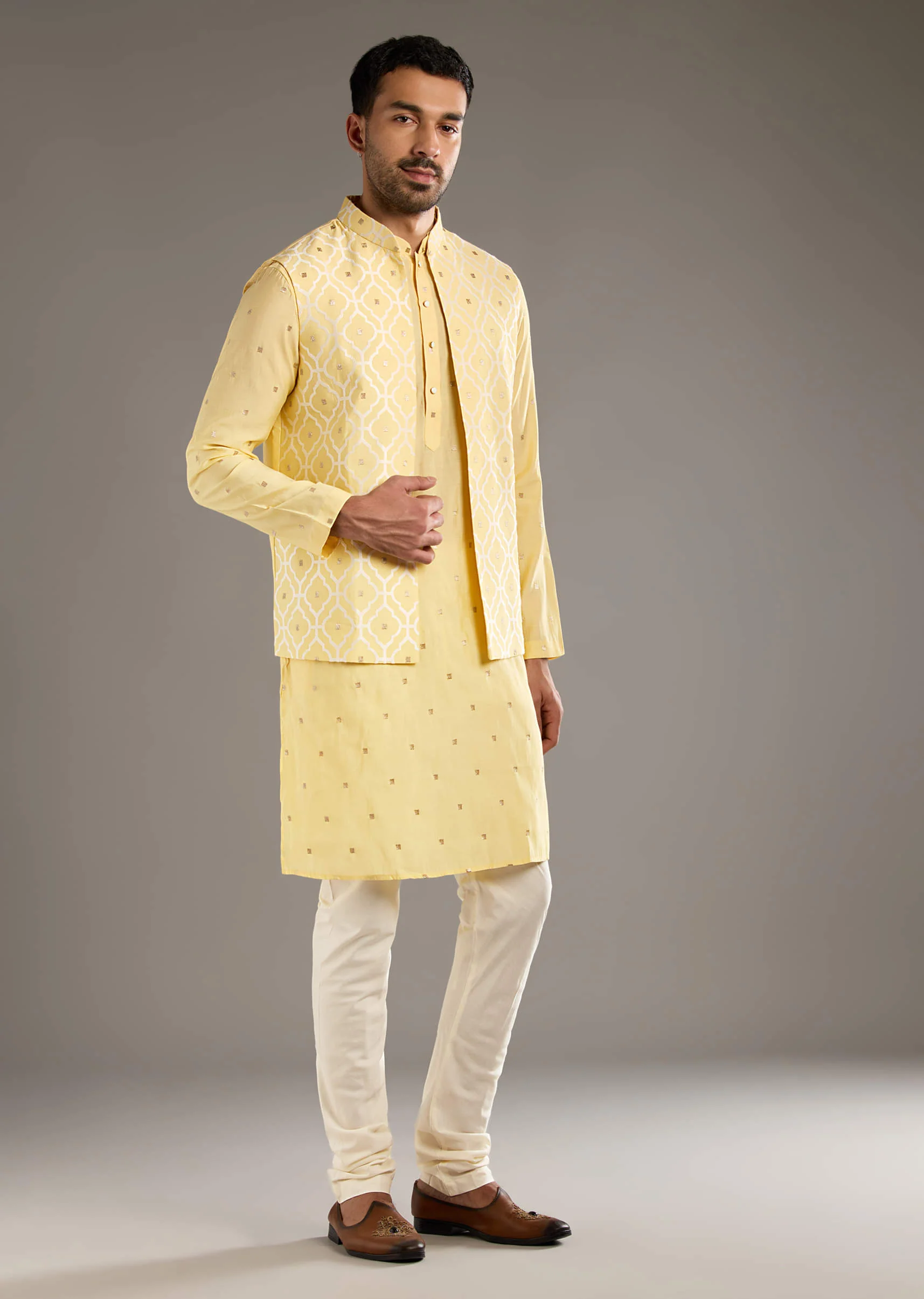 Yellow Kurta Jacket Set For Men With Hand Embroidery - Image 3