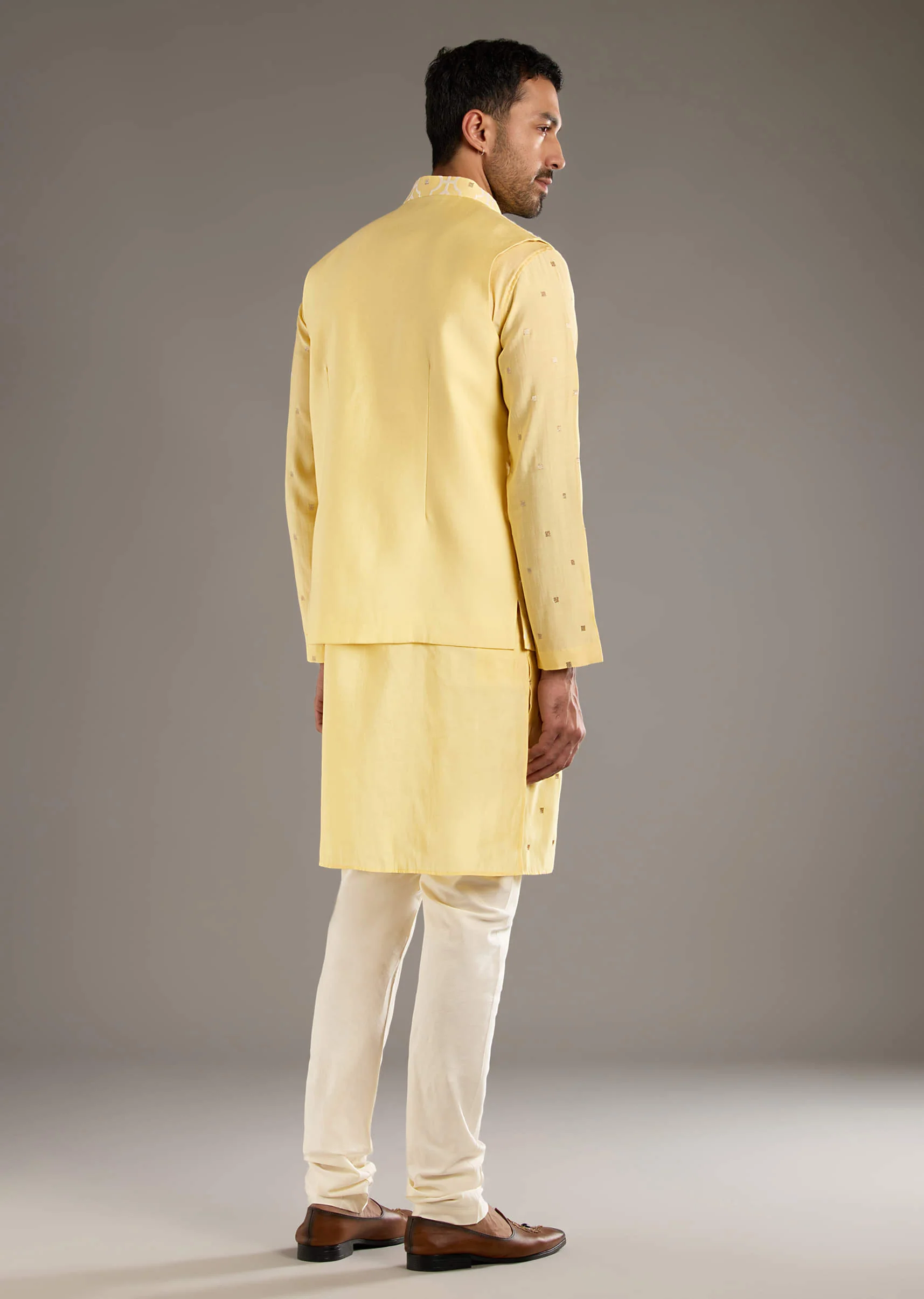 Yellow Kurta Jacket Set For Men With Hand Embroidery - Image 5