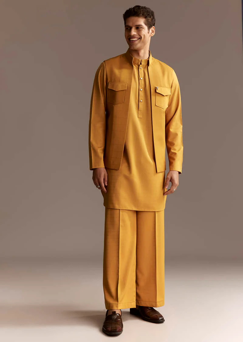 Yellow Kurta Jacket Set With Palazzo Pants - Image 2