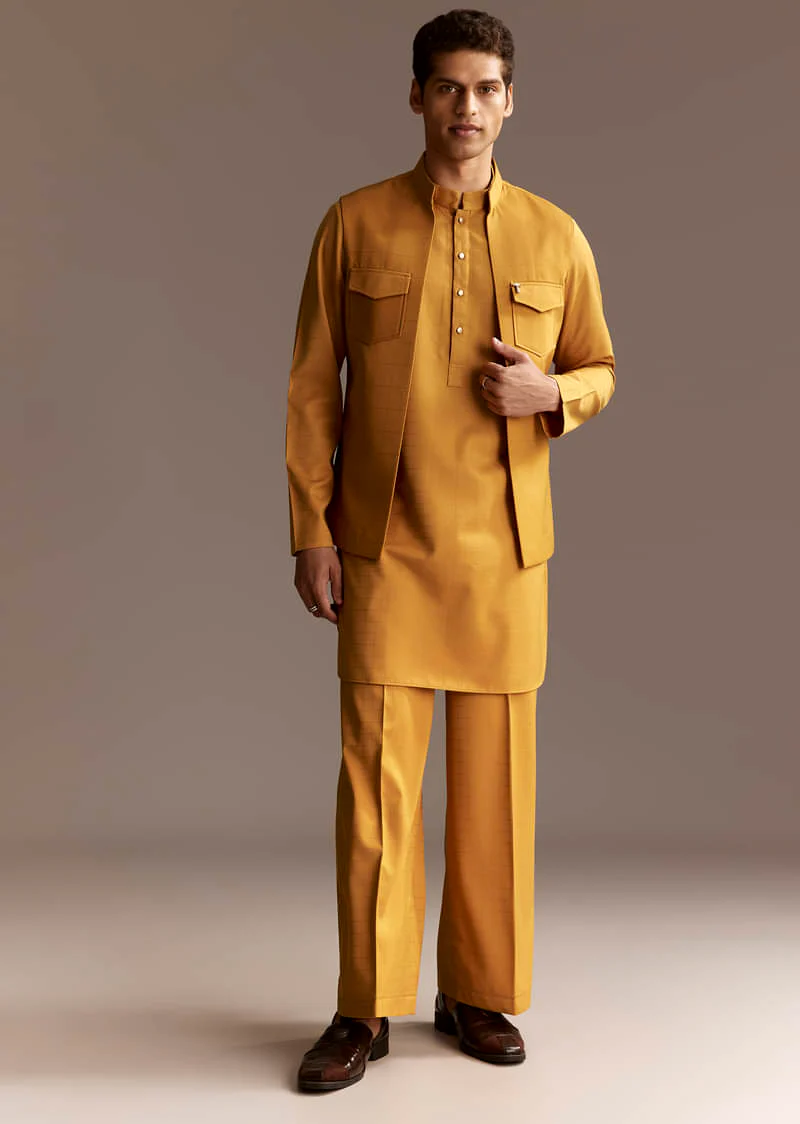 Yellow Kurta Jacket Set With Palazzo Pants - Image 3