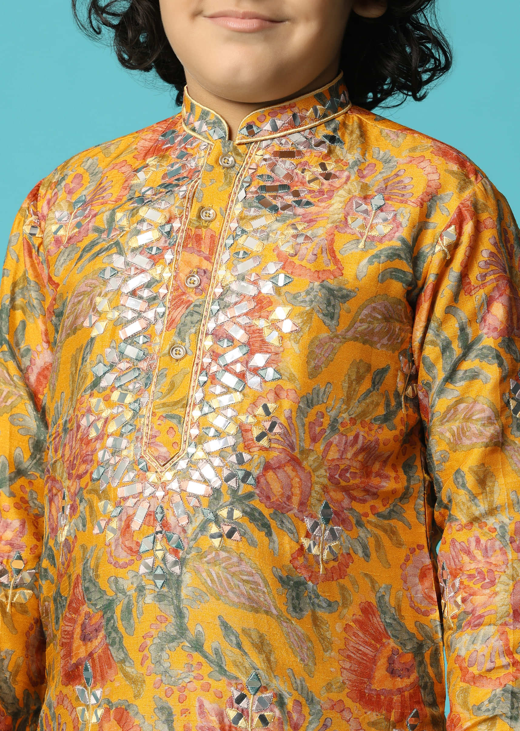 Yellow Kurta Pant With Thread And Mirror Work For Boys - Image 3