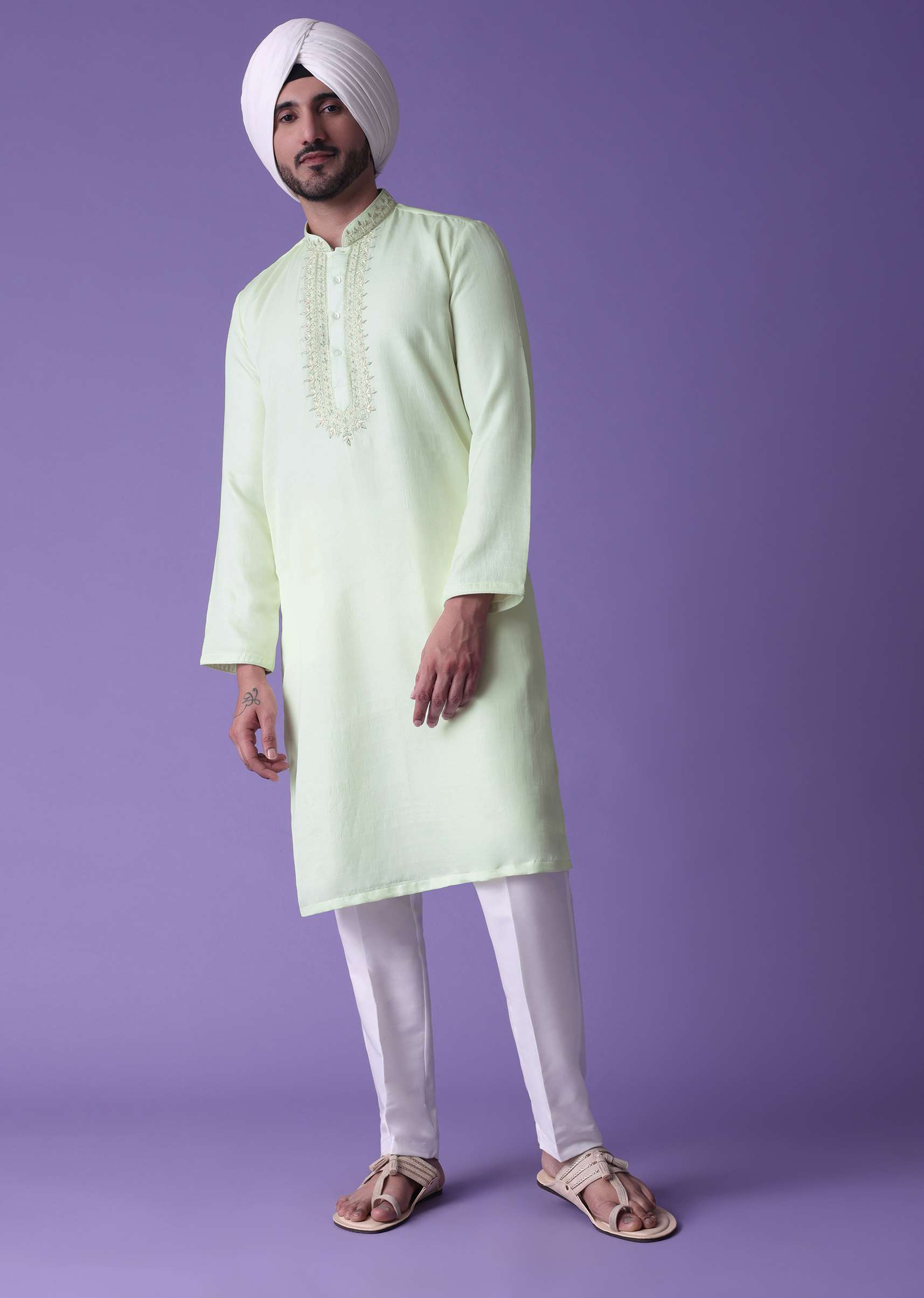 Yellow Kurta Set In Raw Silk With Threadwork - Image 2