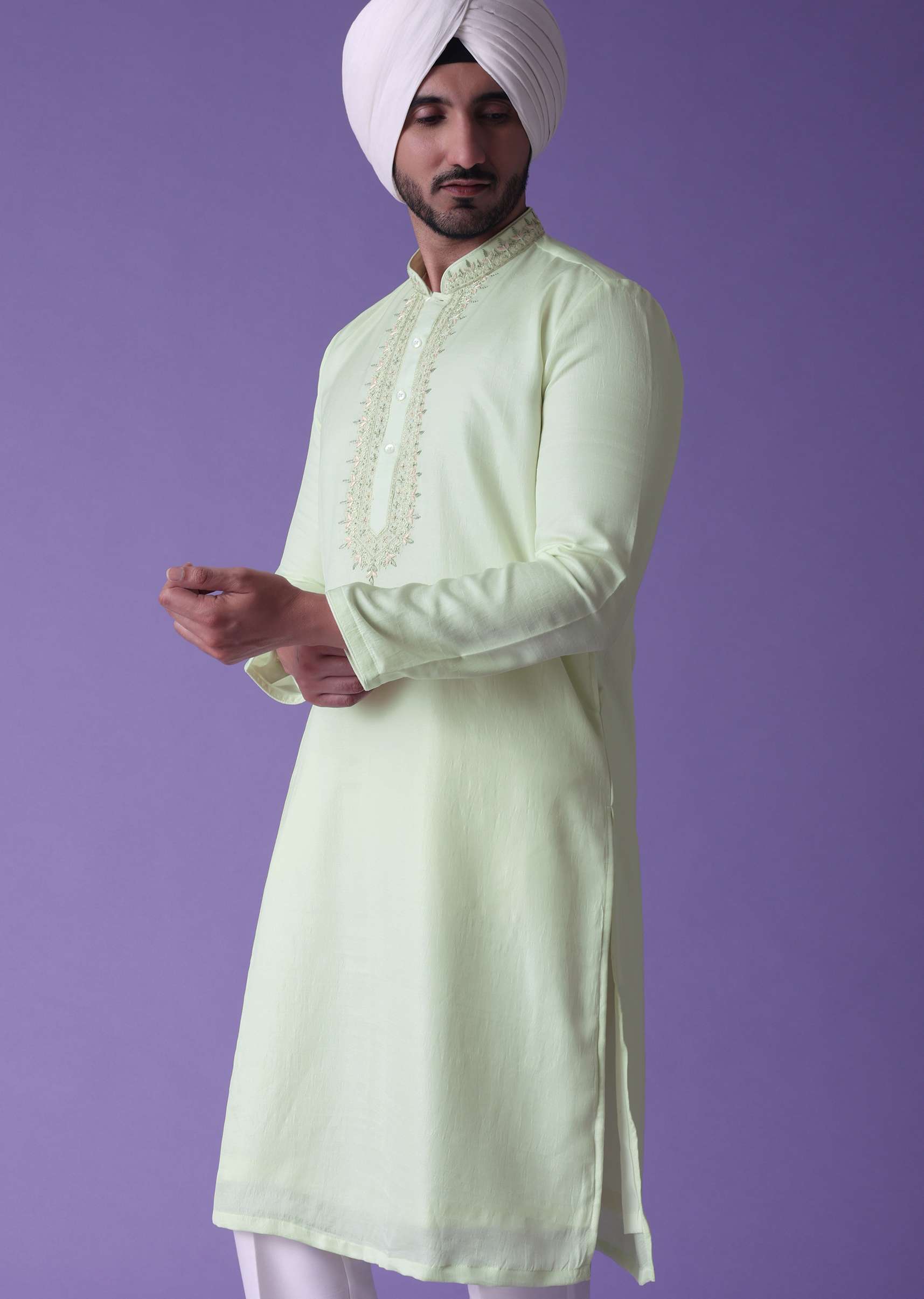 Yellow Kurta Set In Raw Silk With Threadwork - Image 3