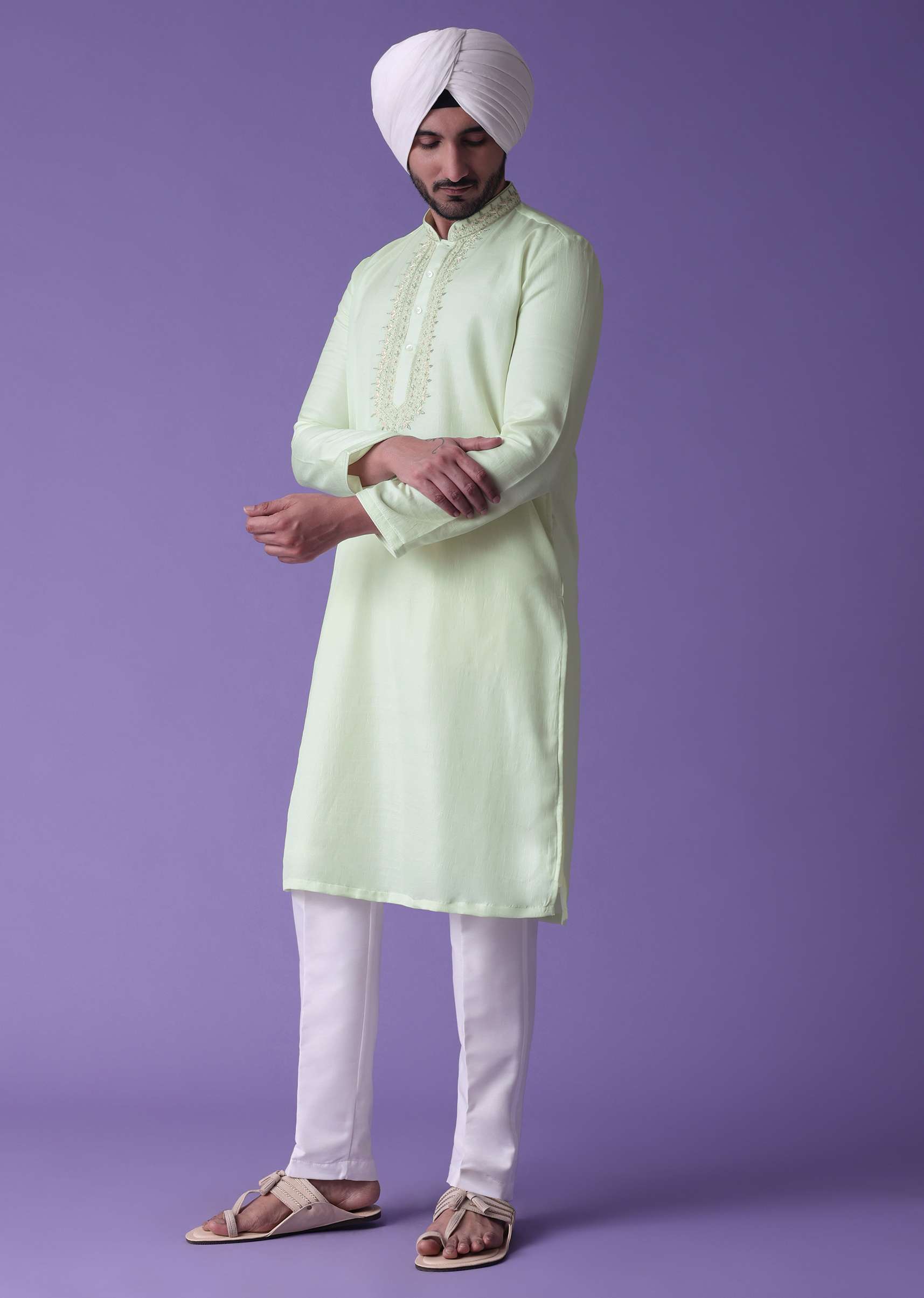 Yellow Kurta Set In Raw Silk With Threadwork - Image 4