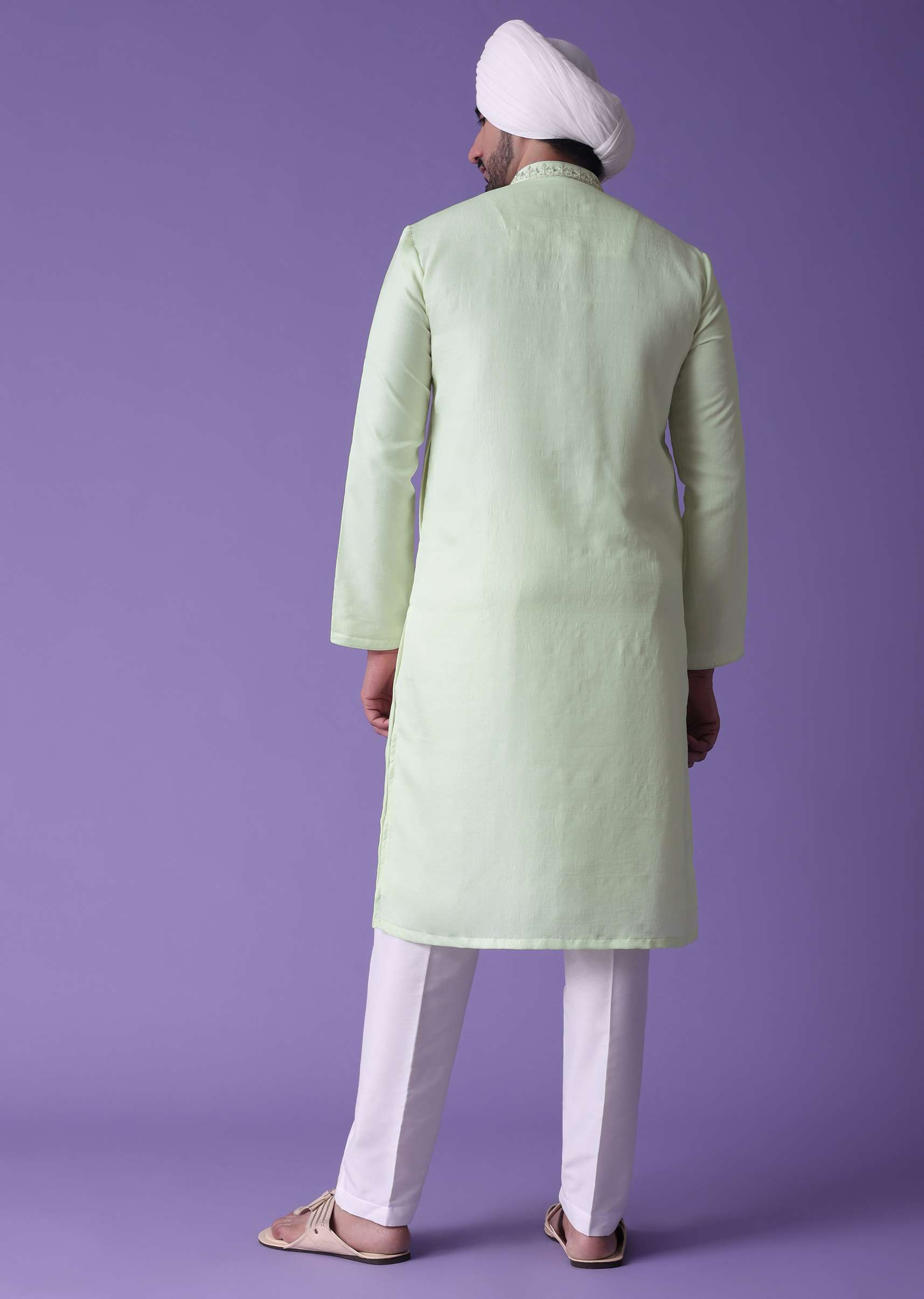 Yellow Kurta Set In Raw Silk With Threadwork - Image 5