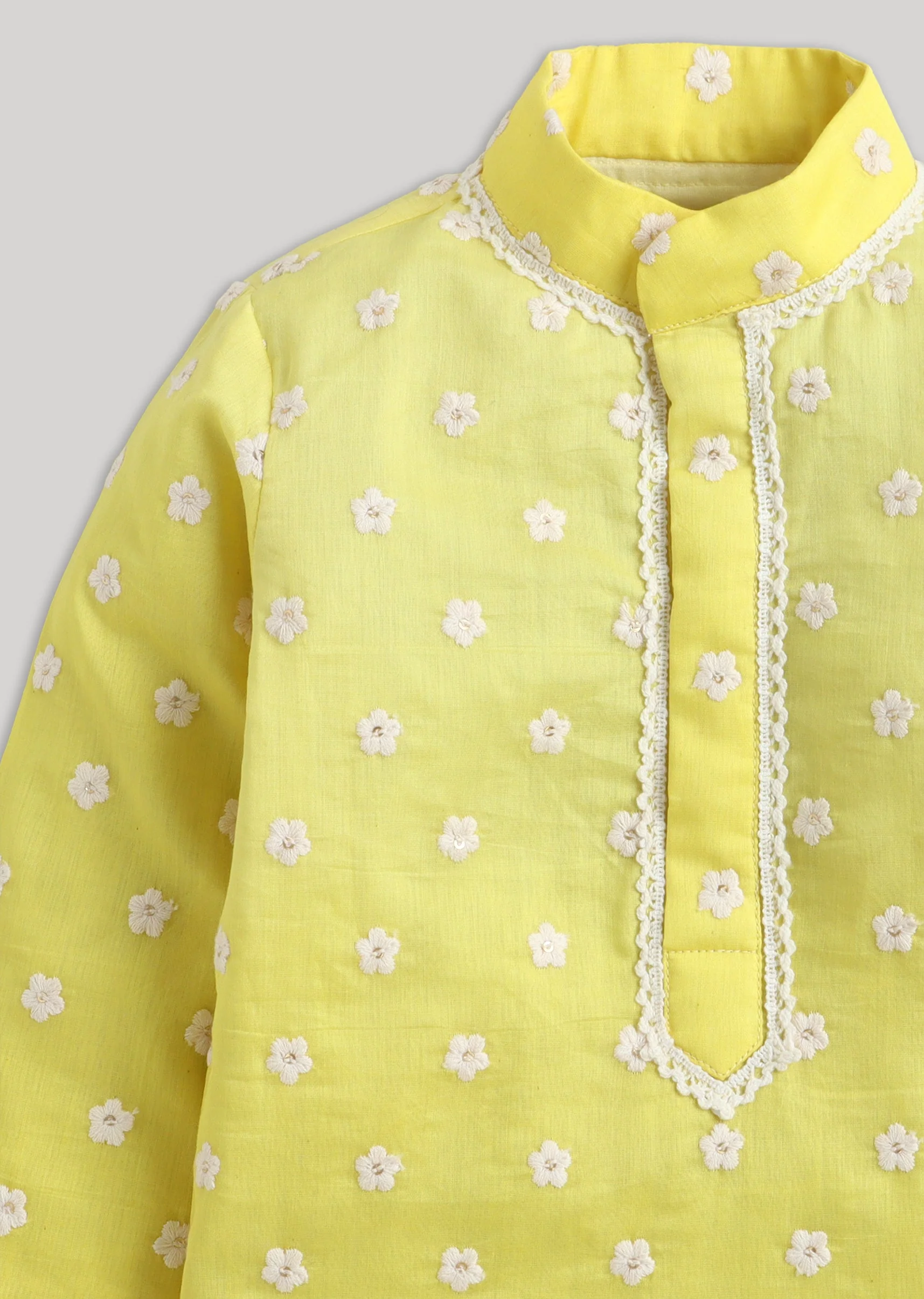 Yellow Kurta Set With Embroidery And Mandarin Collar - Image 4