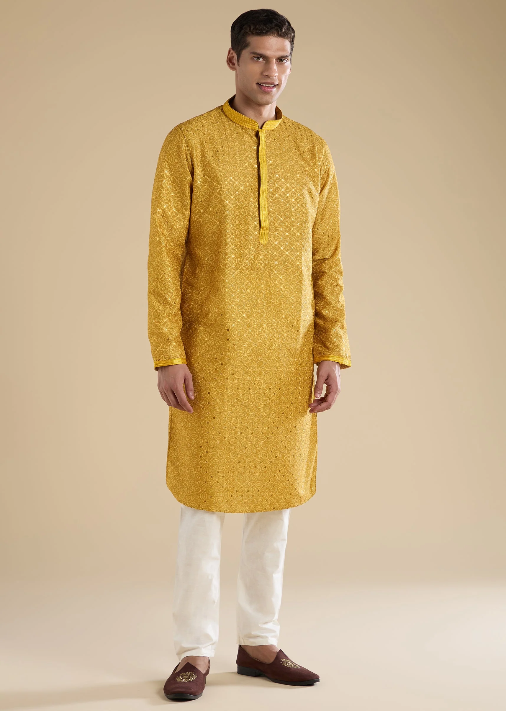 Yellow Kurta Set With Thread Work For Men