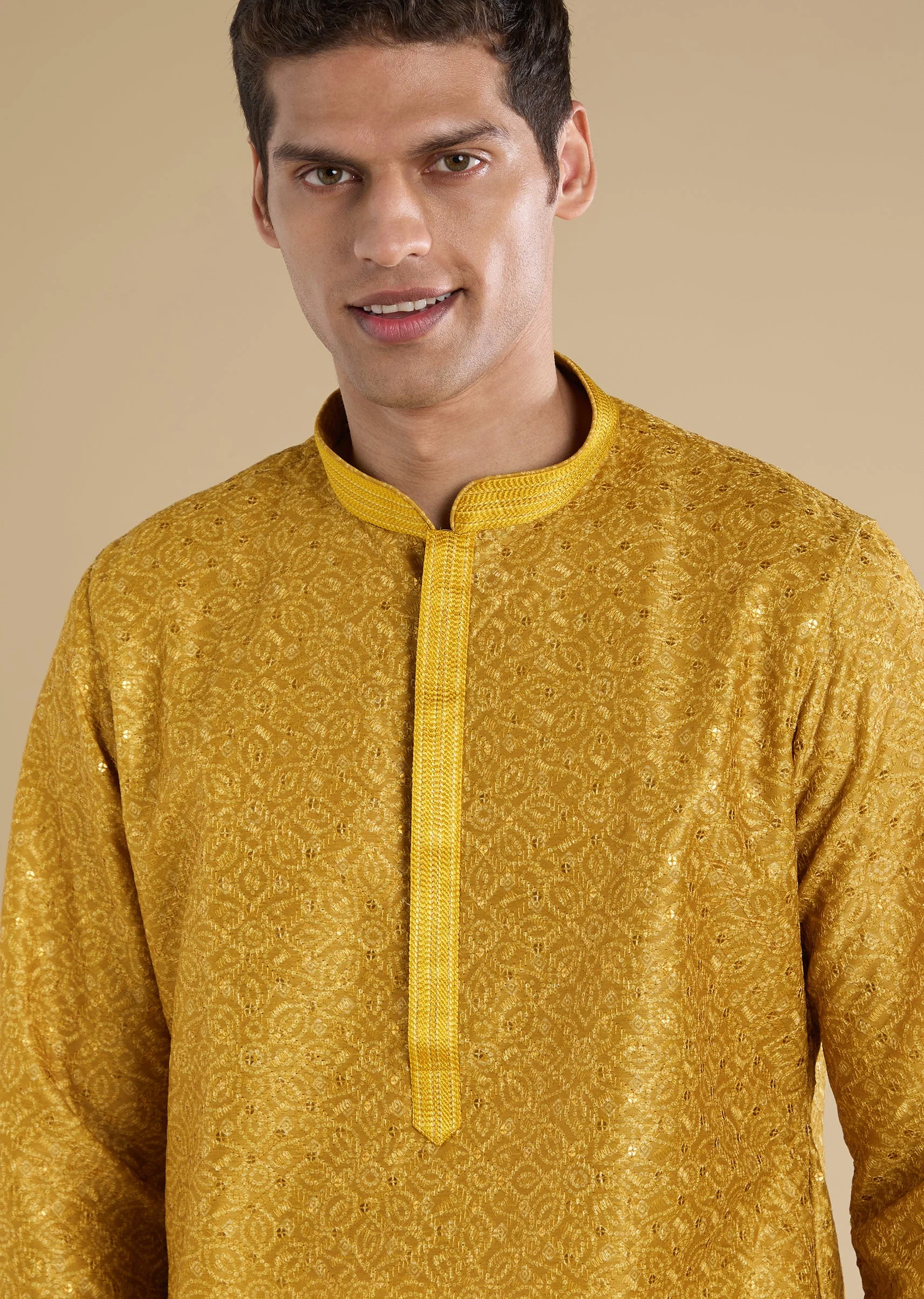 Yellow Kurta Set With Thread Work For Men - Image 2