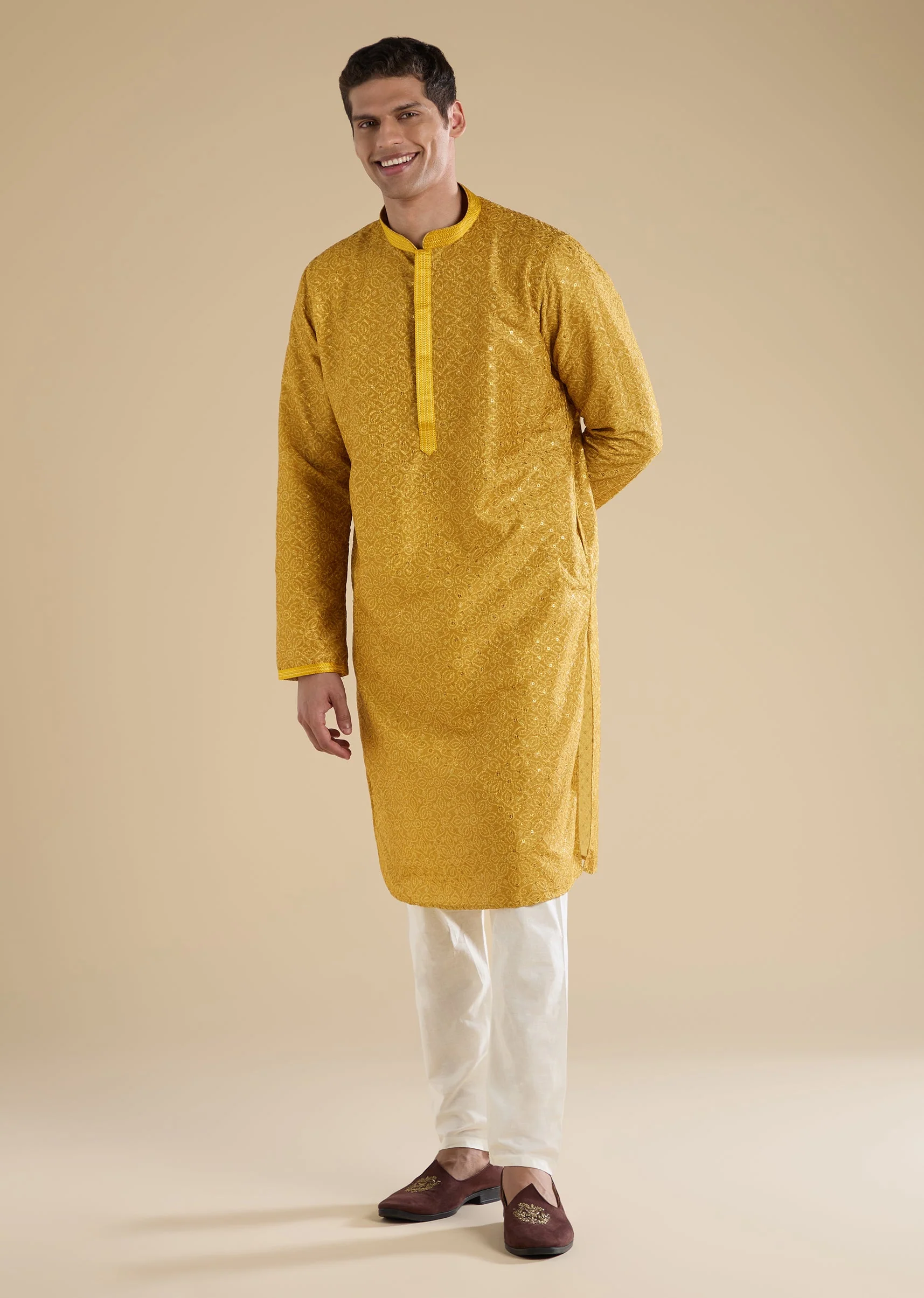 Yellow Kurta Set With Thread Work For Men - Image 3