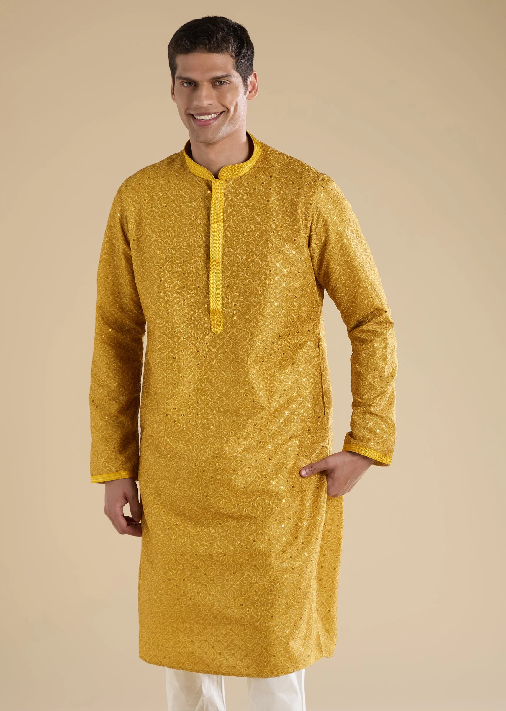 Yellow Kurta Set With Thread Work For Men - Image 4