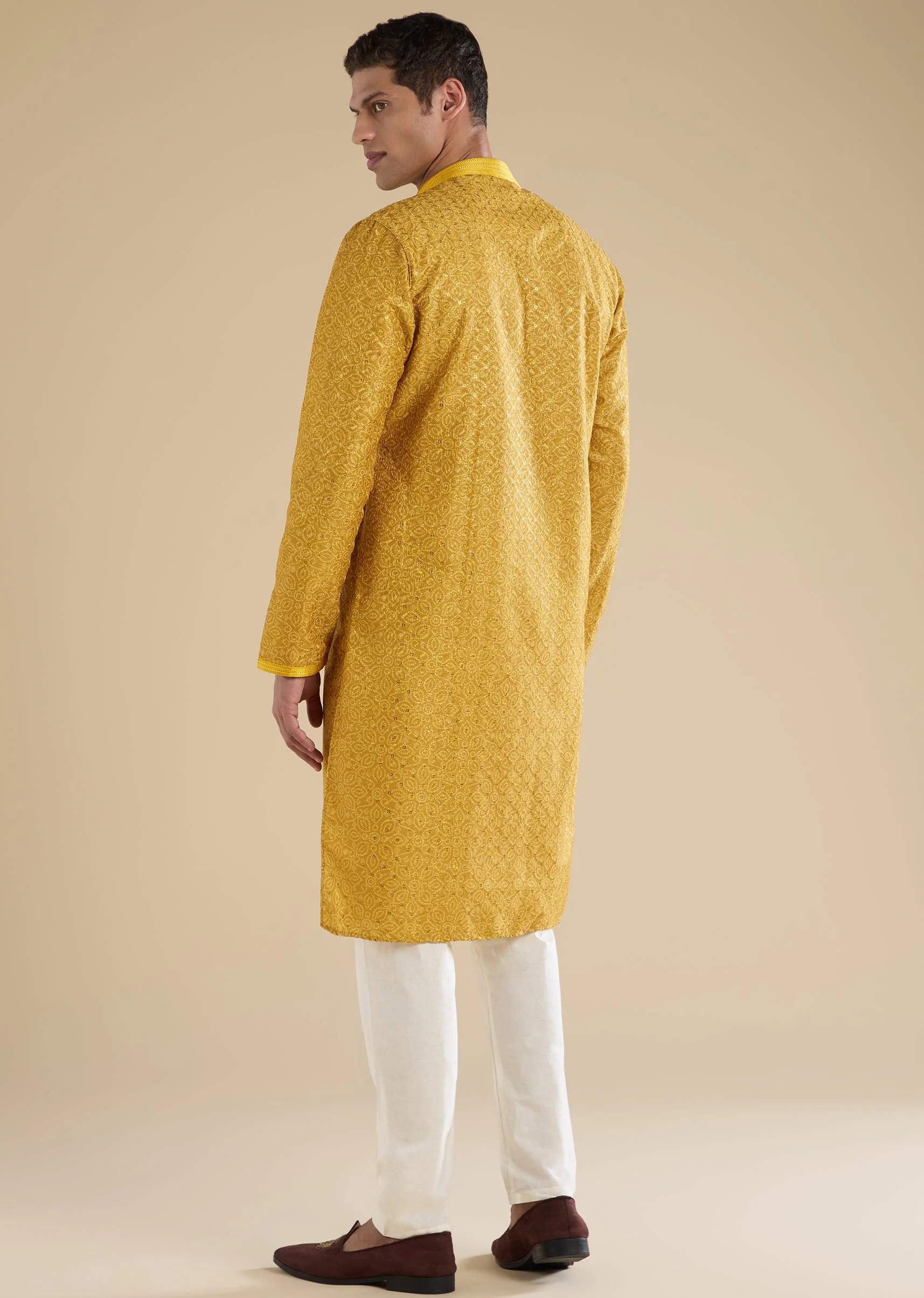 Yellow Kurta Set With Thread Work For Men - Image 5