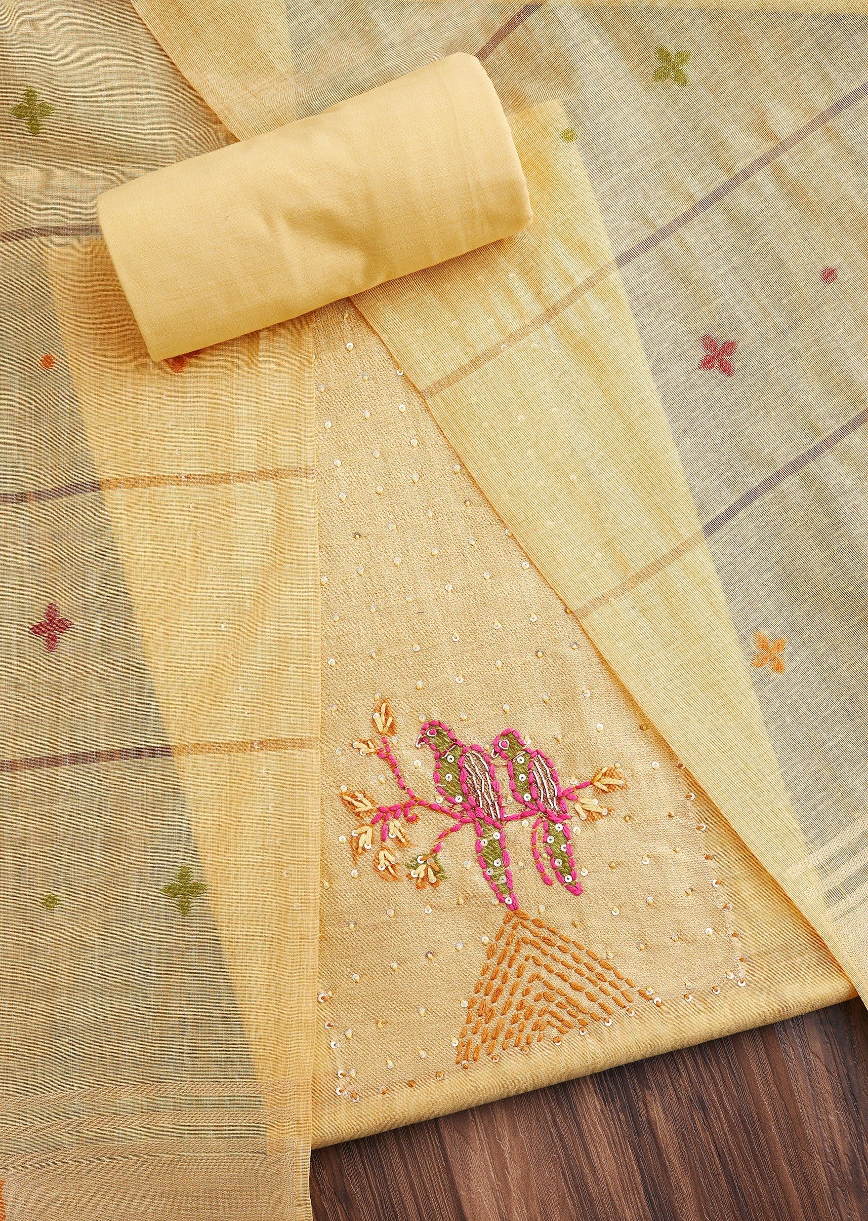 Yellow Linen Embroidered Unstitched Suit