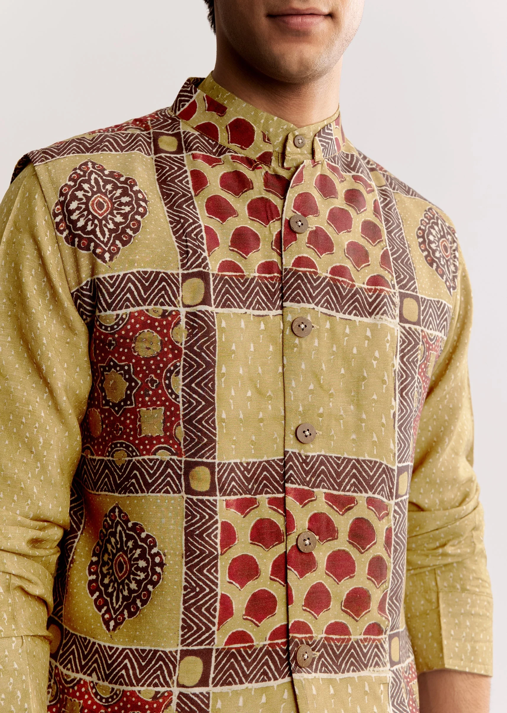 Yellow Linen Kurta Jacket Set With Ajrakh Print - Image 3