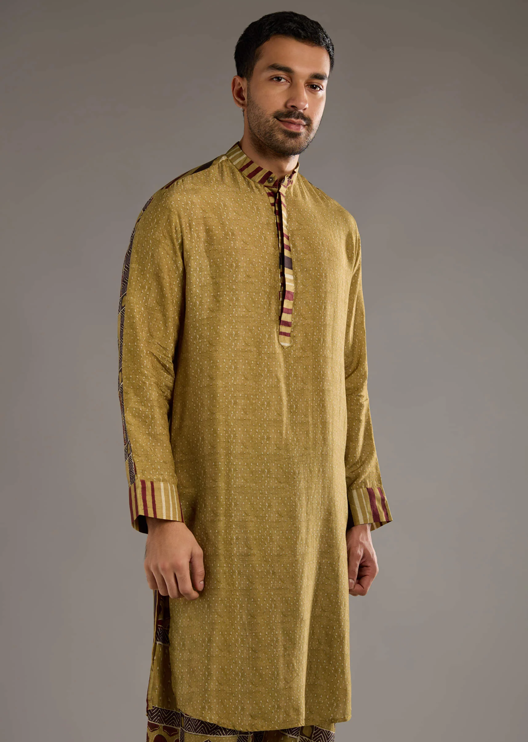 Yellow Linen Kurta Set For Men With Hand Block Ajrakh Print - Image 4
