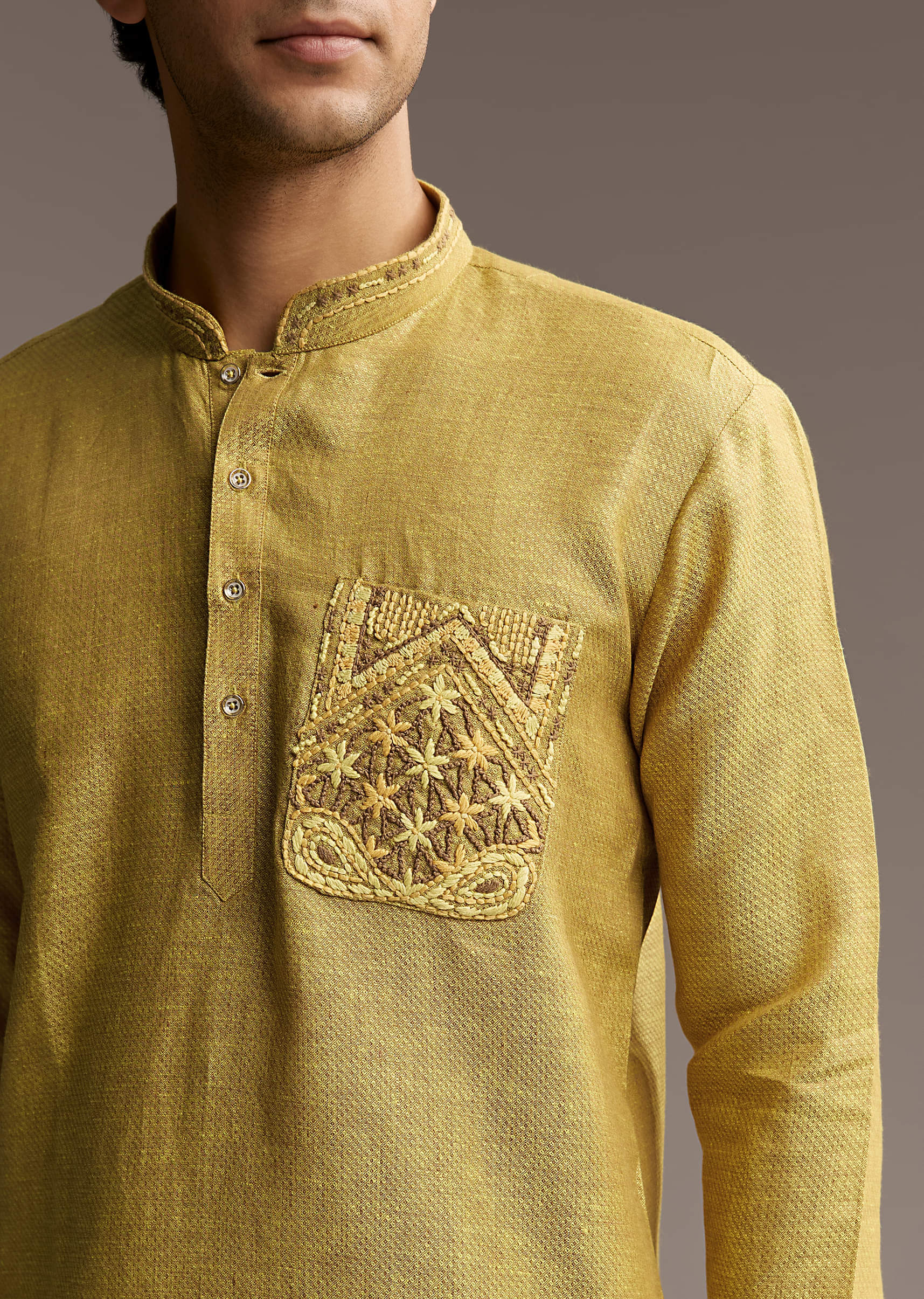 Yellow Linen Kurta Set For Men With Thread Hand Embroidery - Image 2