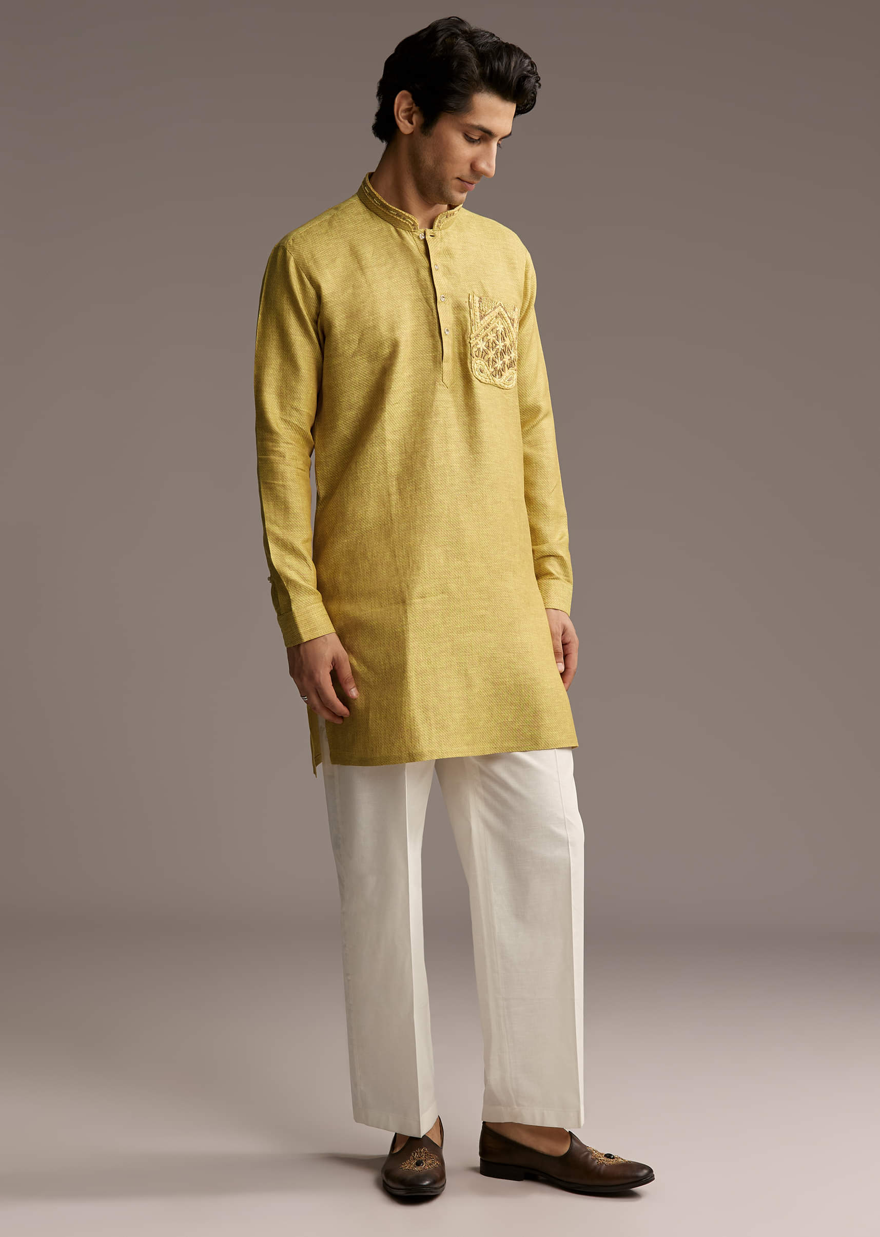 Yellow Linen Kurta Set For Men With Thread Hand Embroidery - Image 3