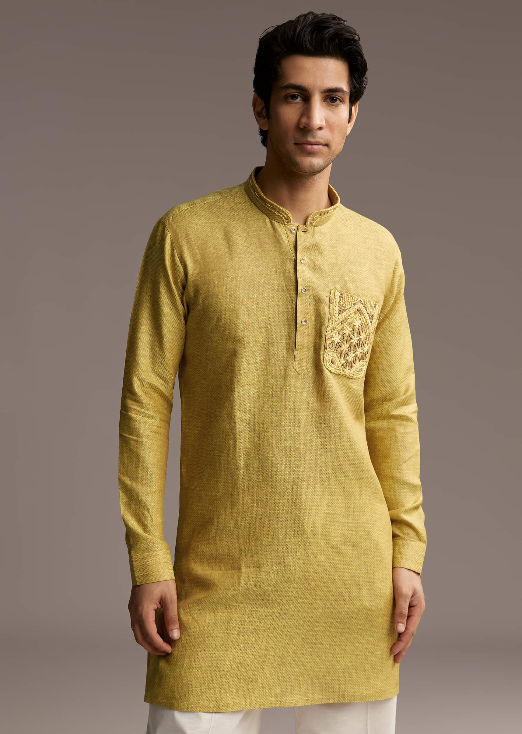 Yellow Linen Kurta Set For Men With Thread Hand Embroidery - Image 4