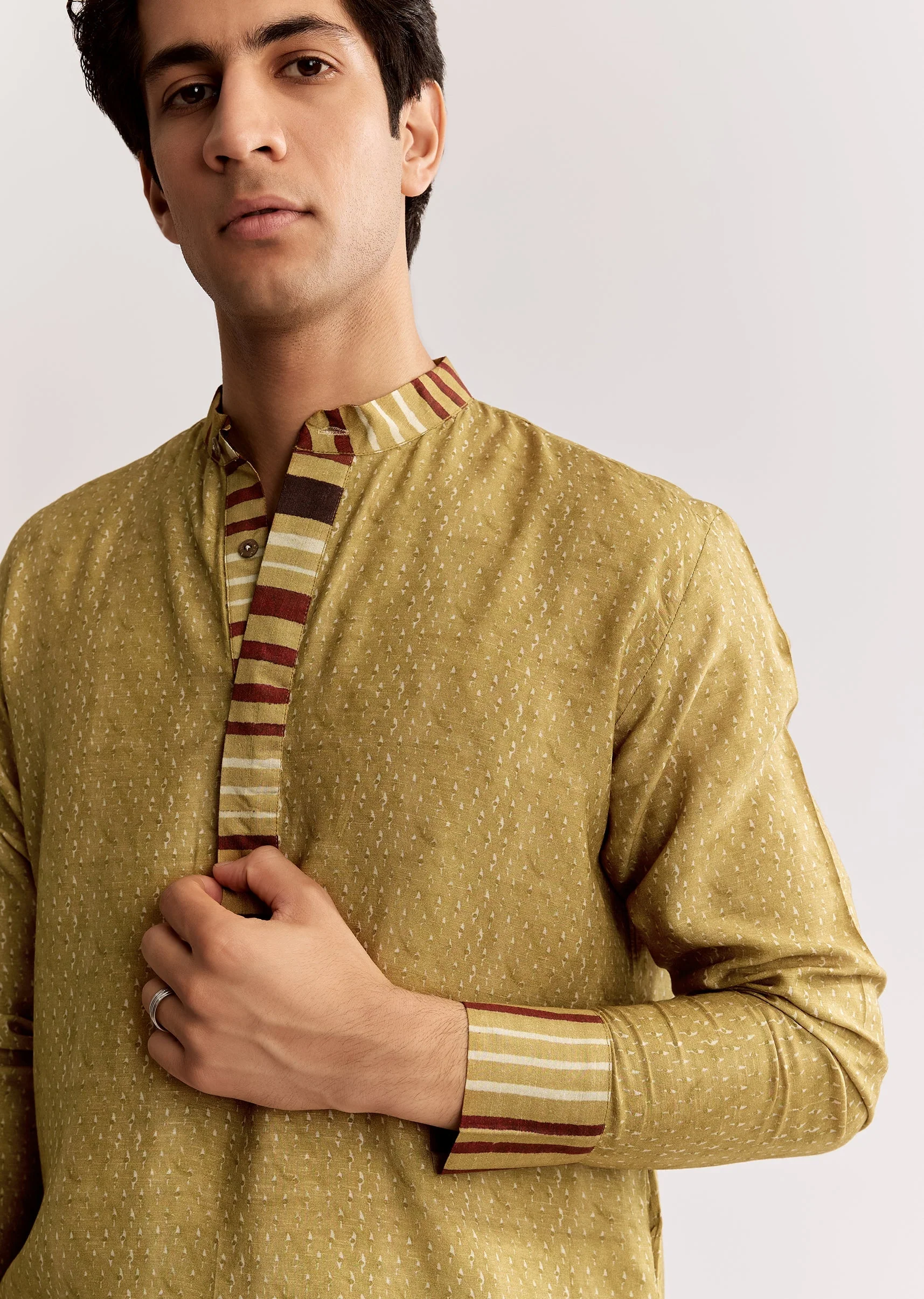 Yellow Linen Kurta Set With Ajrakh Print - Image 3