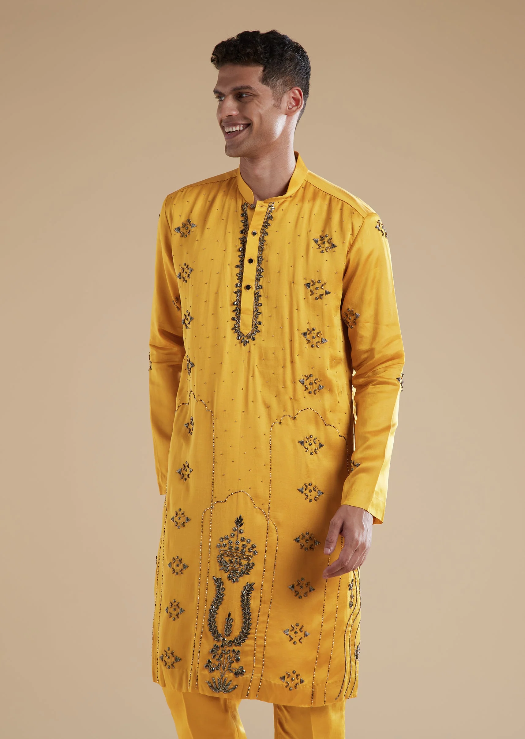 Yellow Linen Satin Mens Kurta Set with Metal Beads Detail Work - Image 5