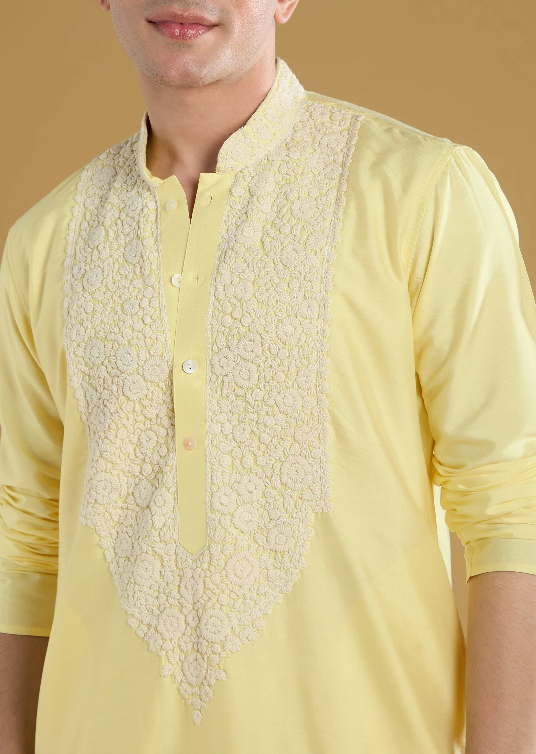 Yellow Mens Kurta Set With Thread Detail