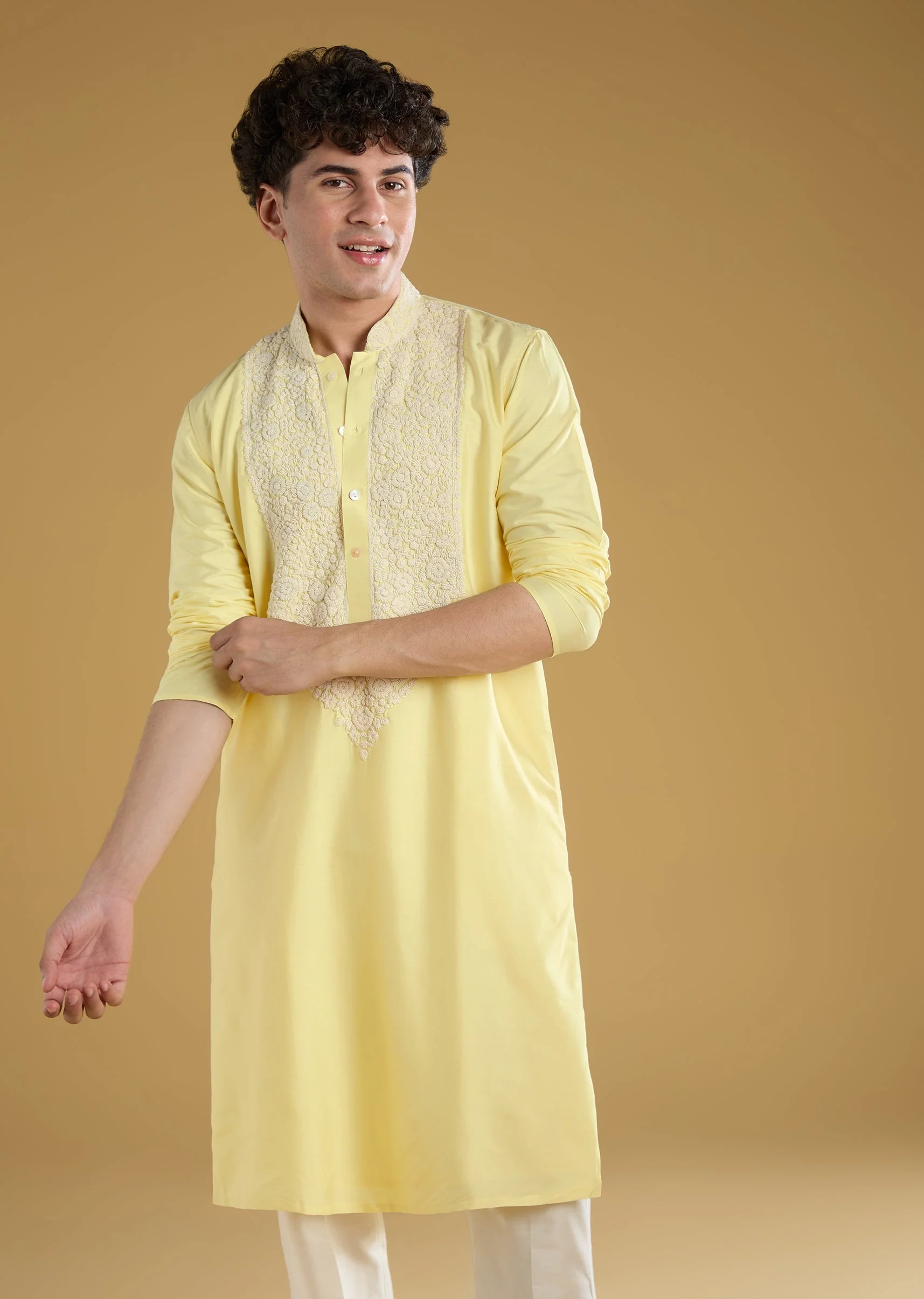 Yellow Mens Kurta Set With Thread Detail - Image 3