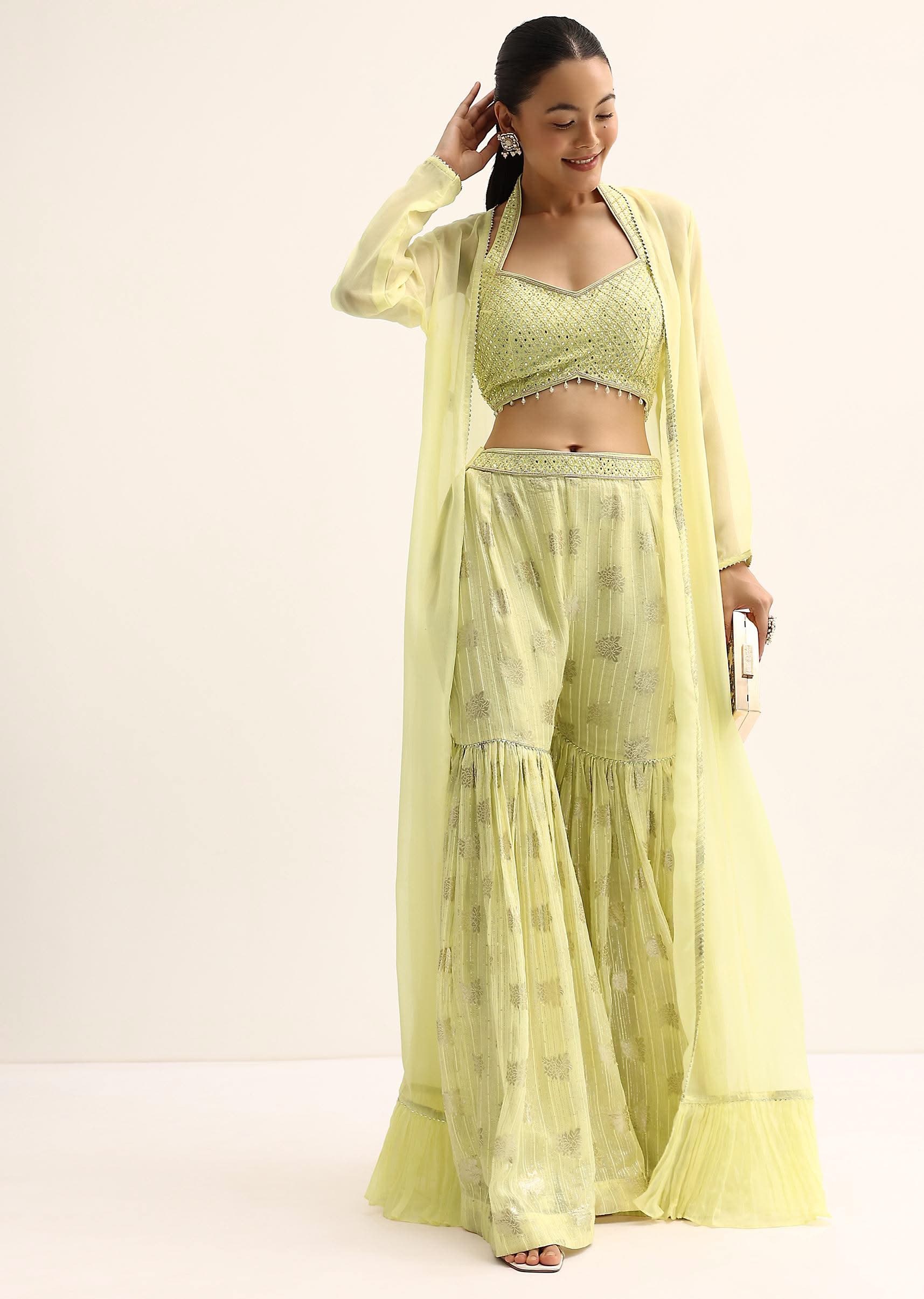Yellow Mirror Crop Top With Jacket And Sharara - Image 5