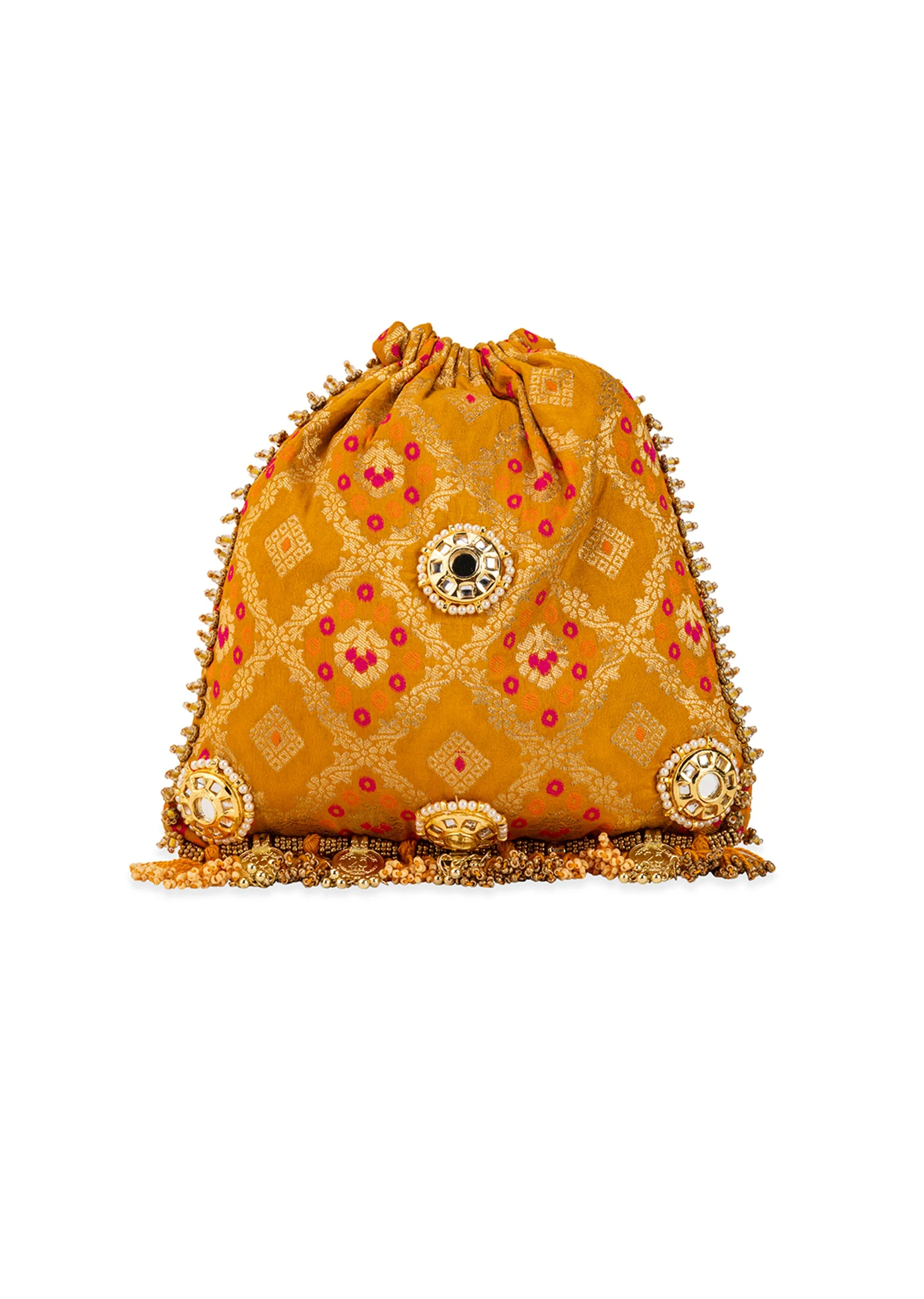 Yellow Mirror Embellished Silk Potli Bag - Image 3