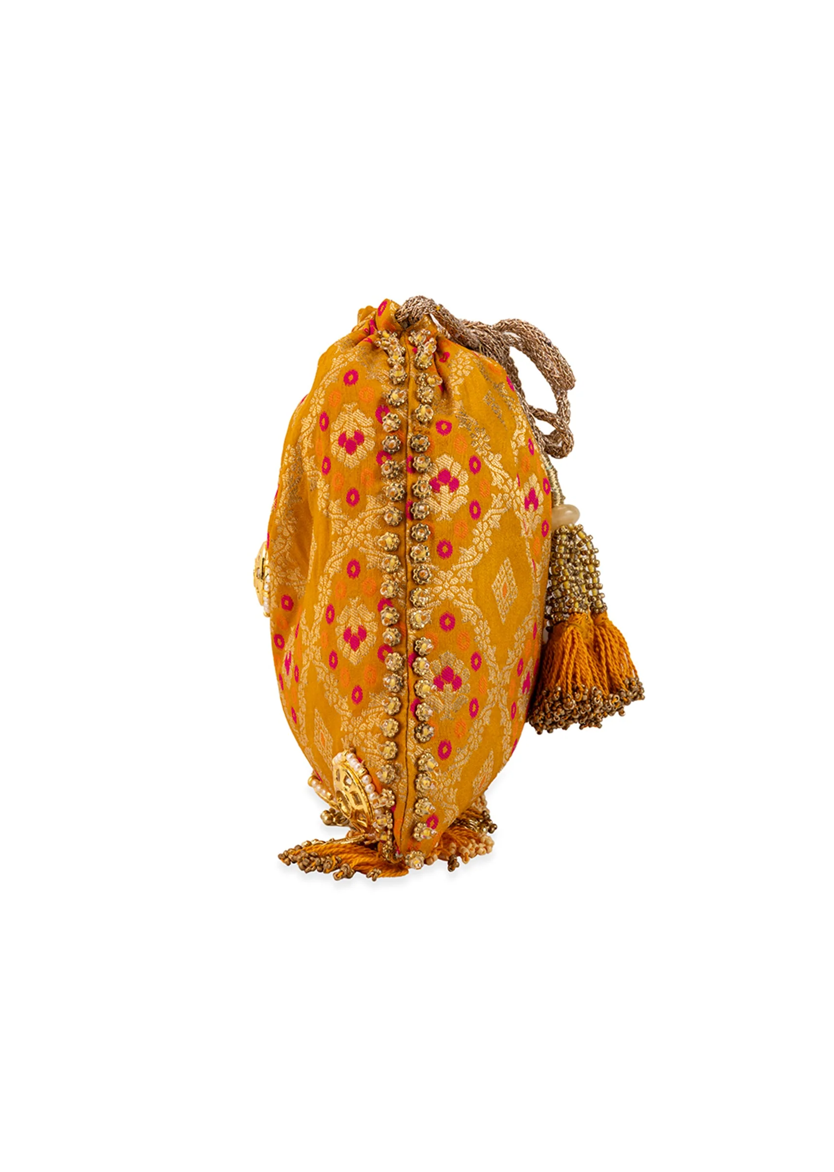 Yellow Mirror Embellished Silk Potli Bag - Image 4