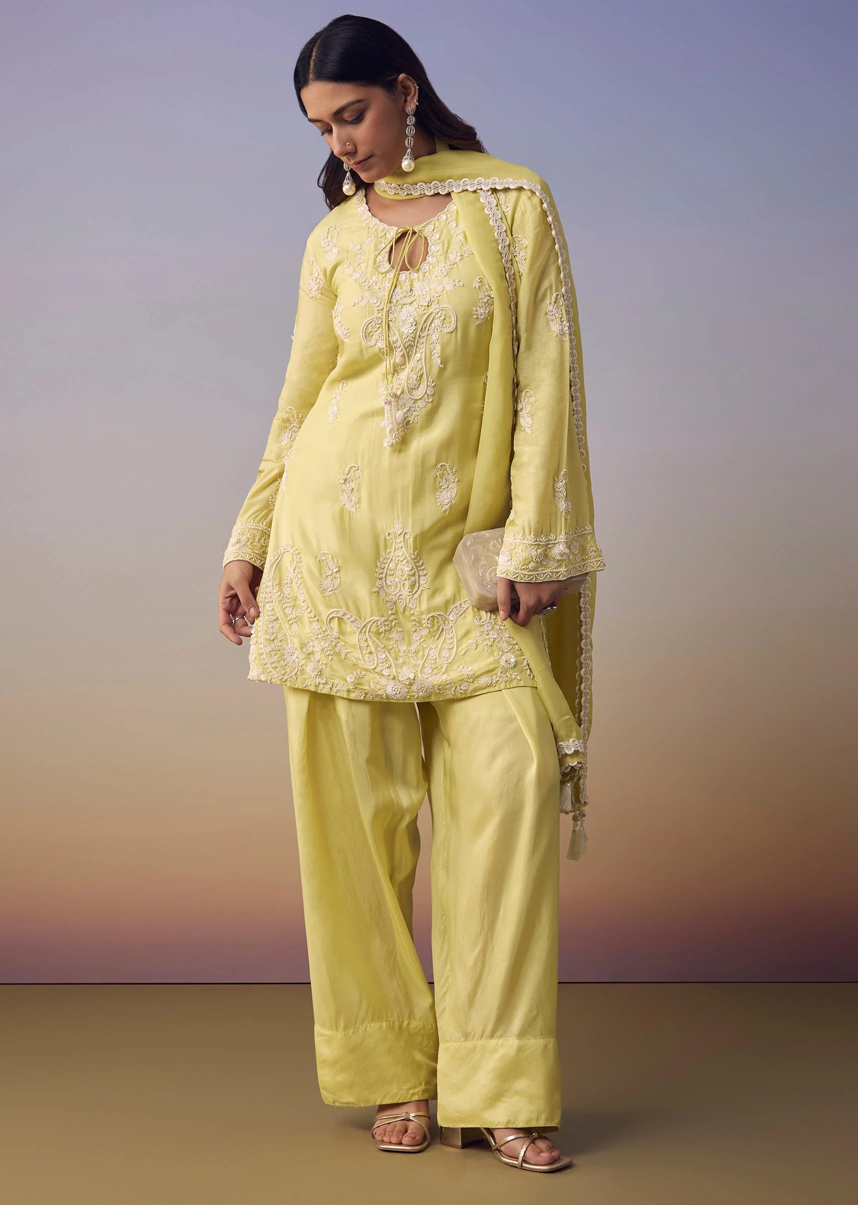 Yellow Moti Work Kurta Set - Image 2