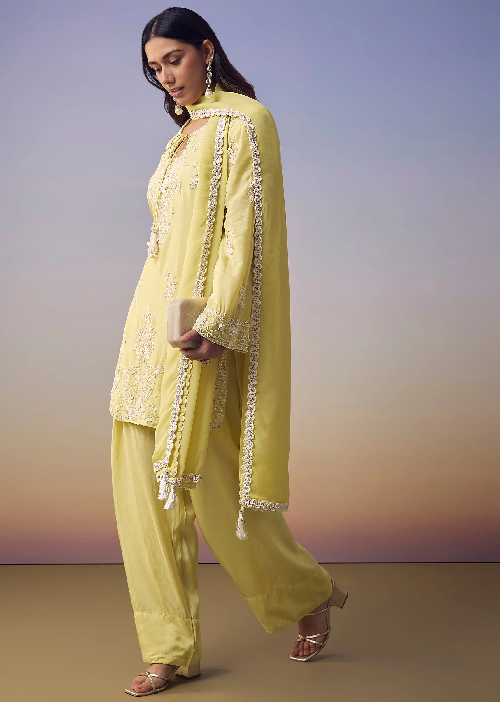 Yellow Moti Work Kurta Set - Image 3