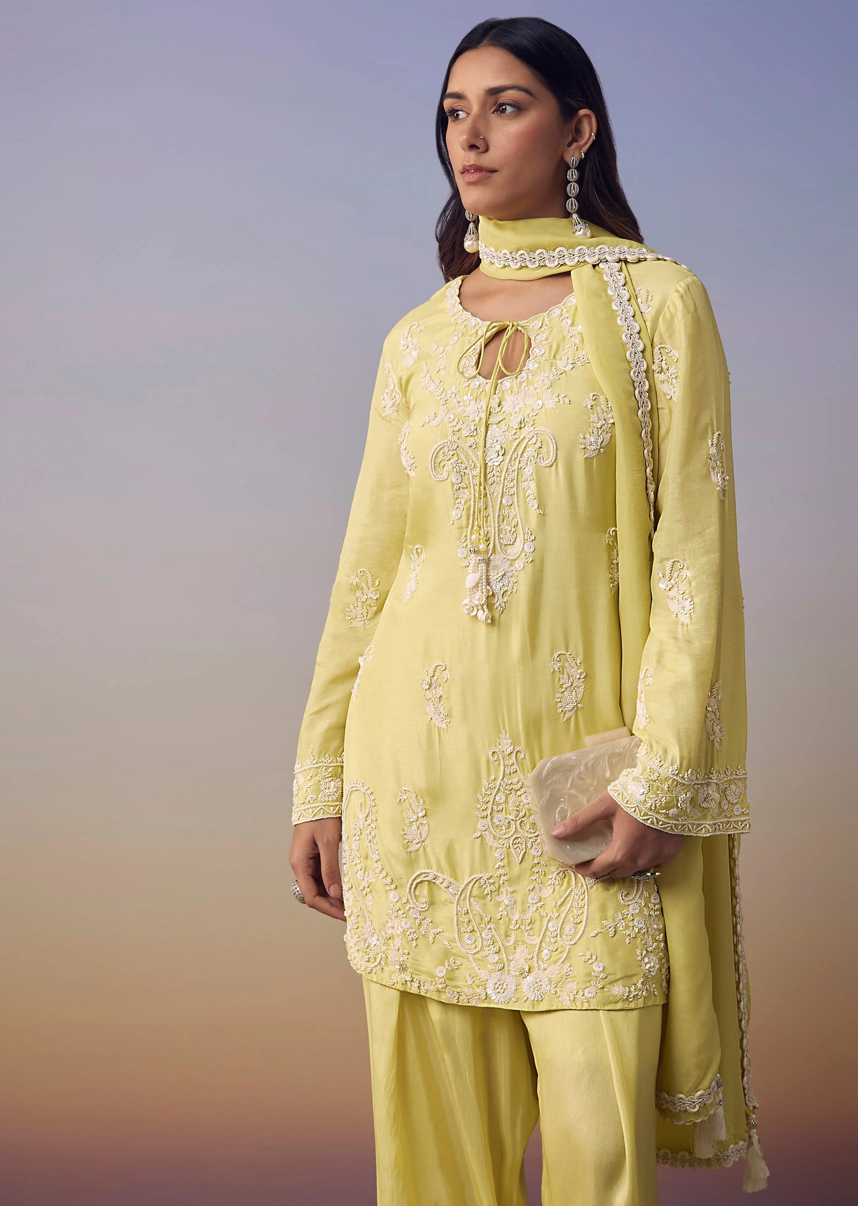 Yellow Moti Work Kurta Set - Image 4