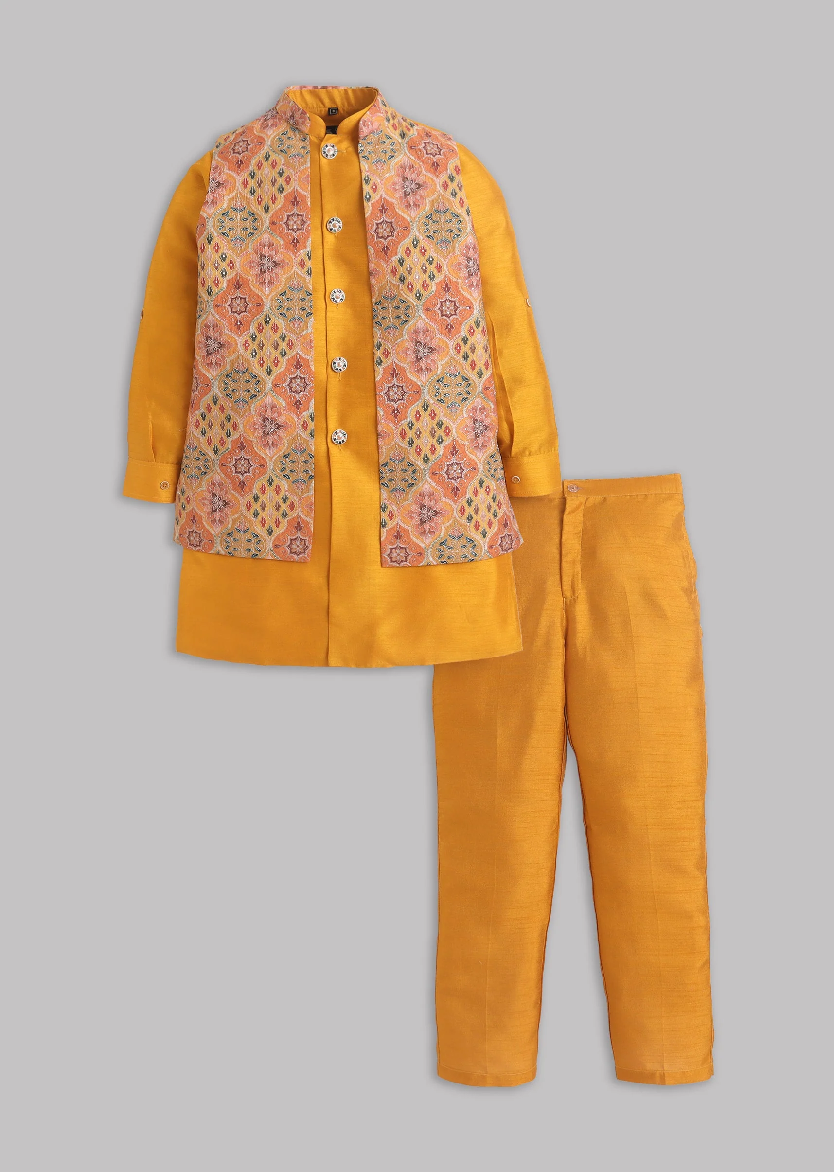 Yellow Multi Abstract Nehru Jacket Set