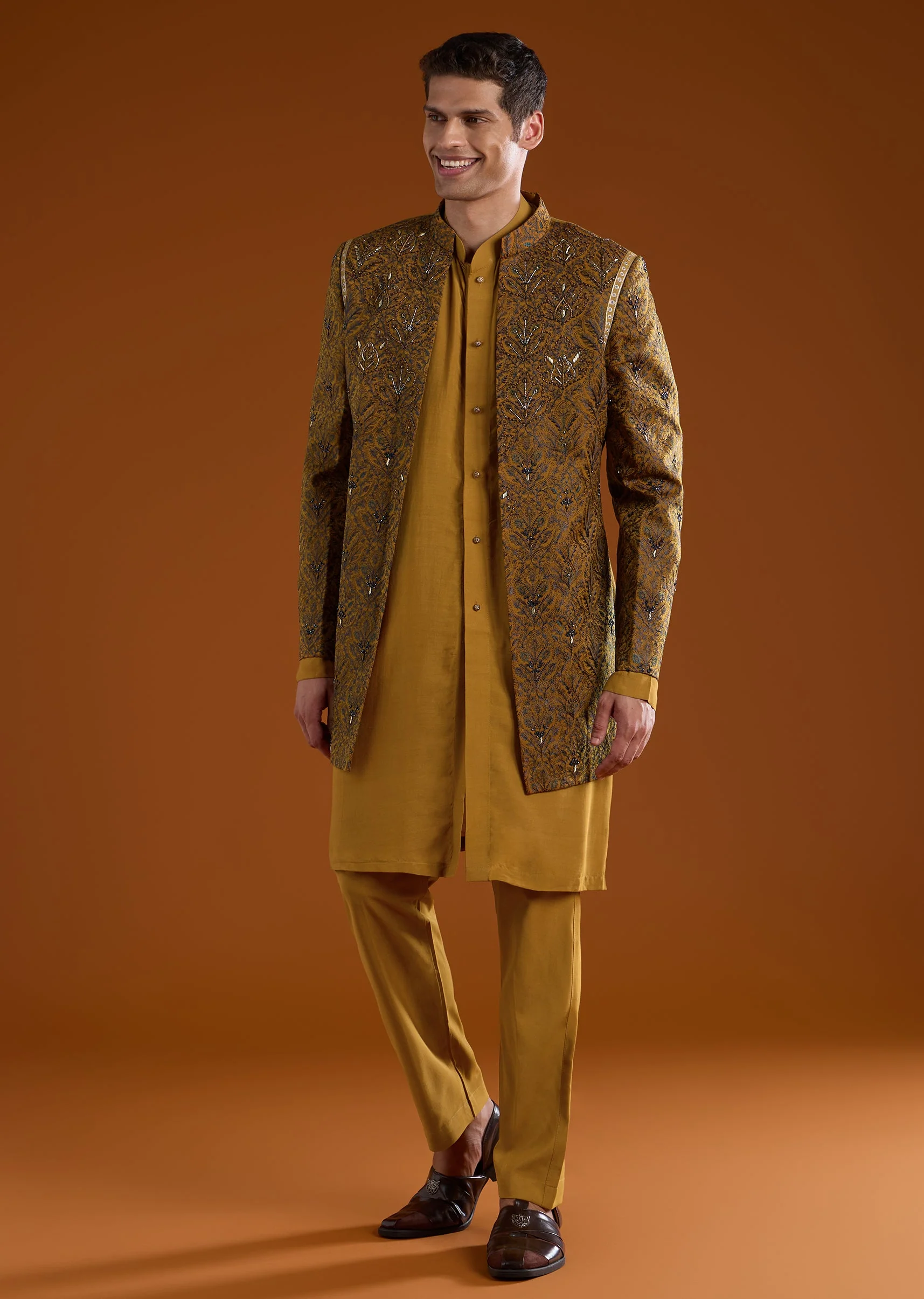 Yellow Muslin Cutdana Work Indowestern Kurta Set - Image 3