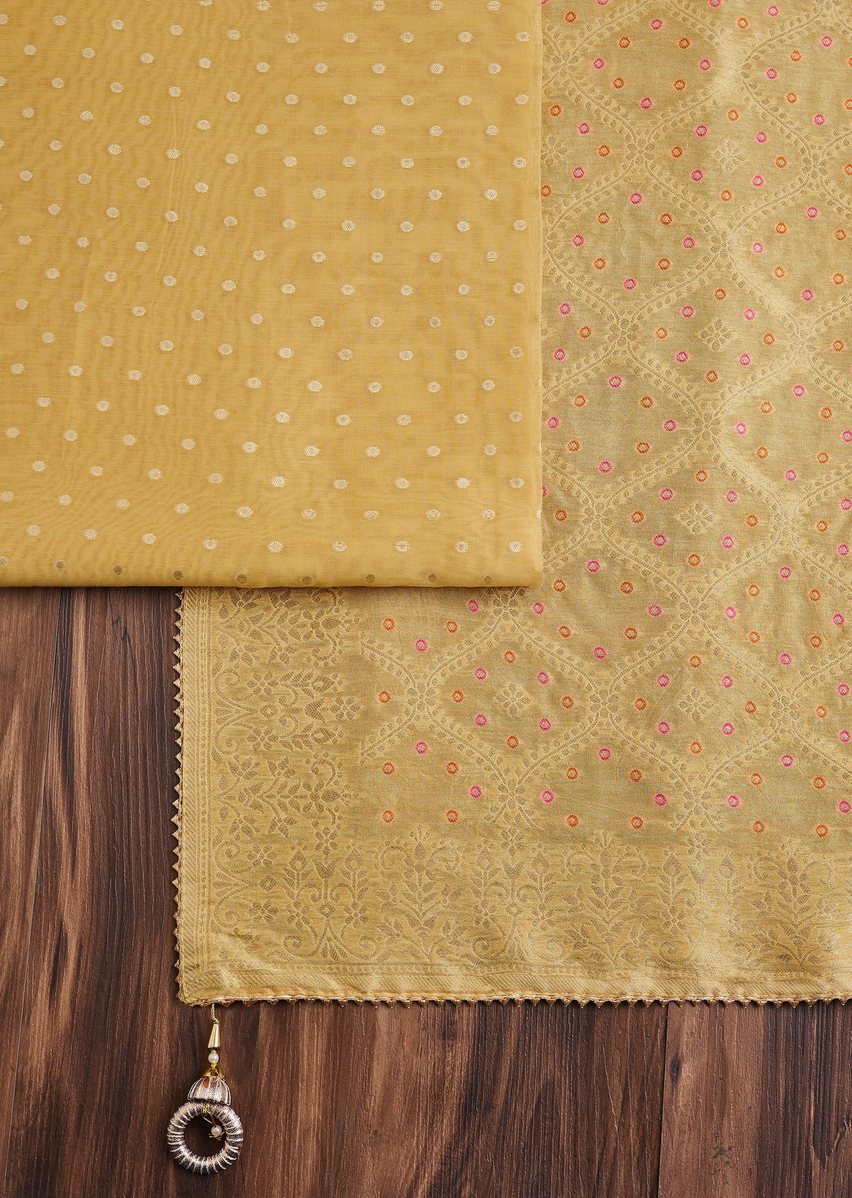 Yellow Mustard Chanderi Unstitched Suit - Image 2