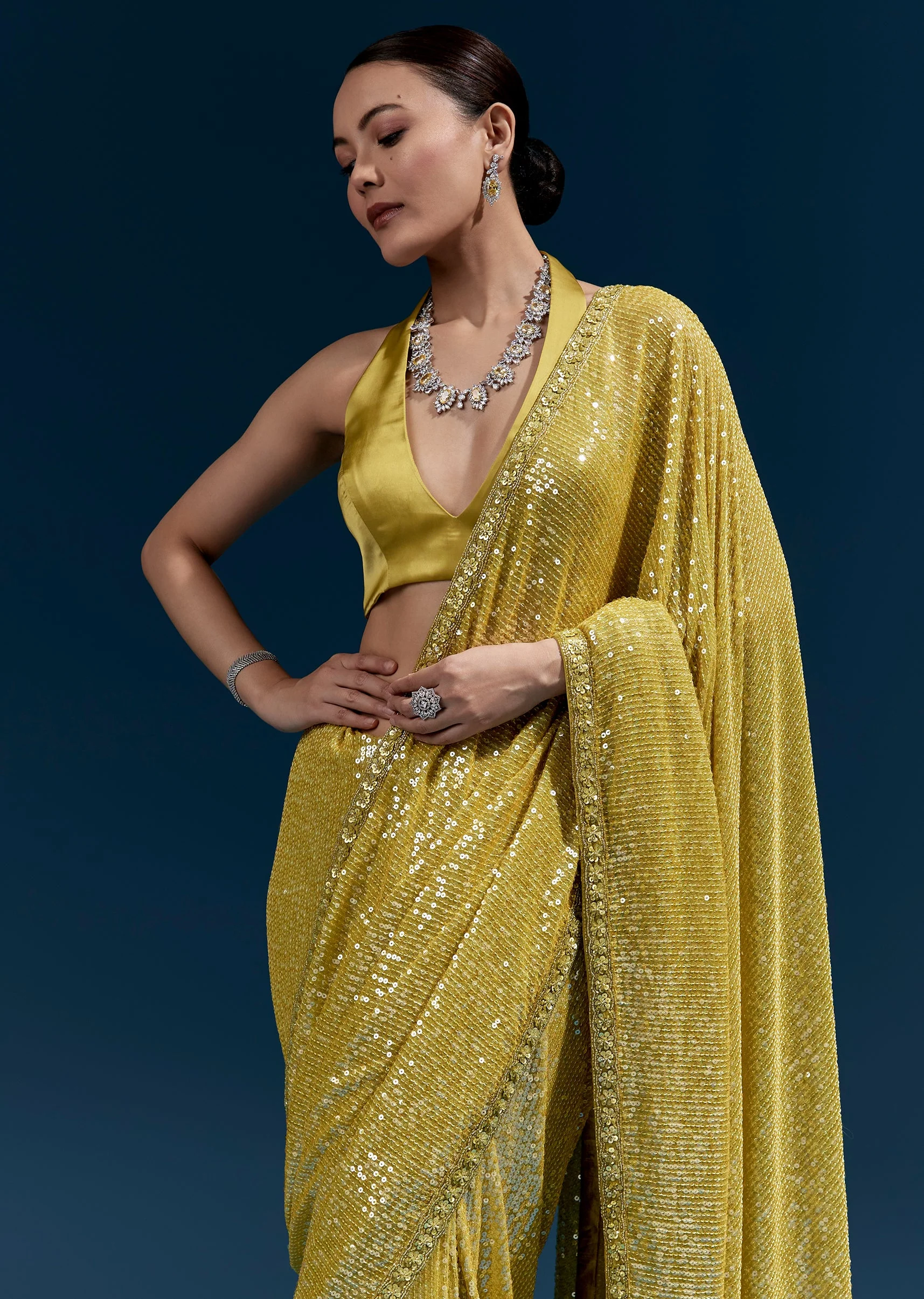Yellow Net Sequin Saree With Linear All Over Work And Hand Embroidered Floral Border - Image 5