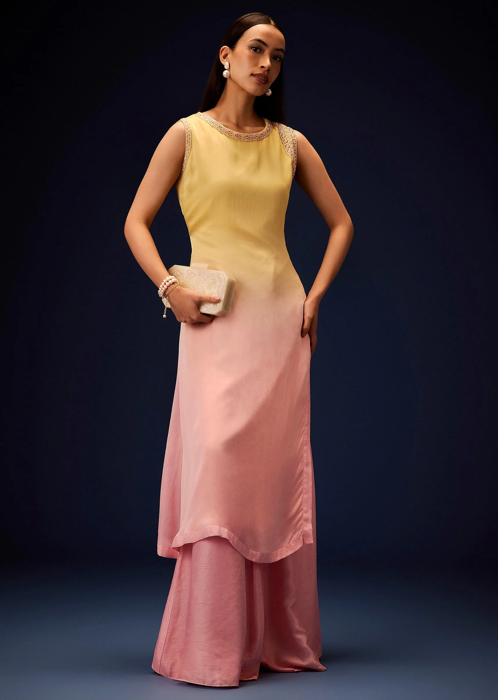 Yellow Ombre A Line Kurta With Bell Bottom Pants - Image 3