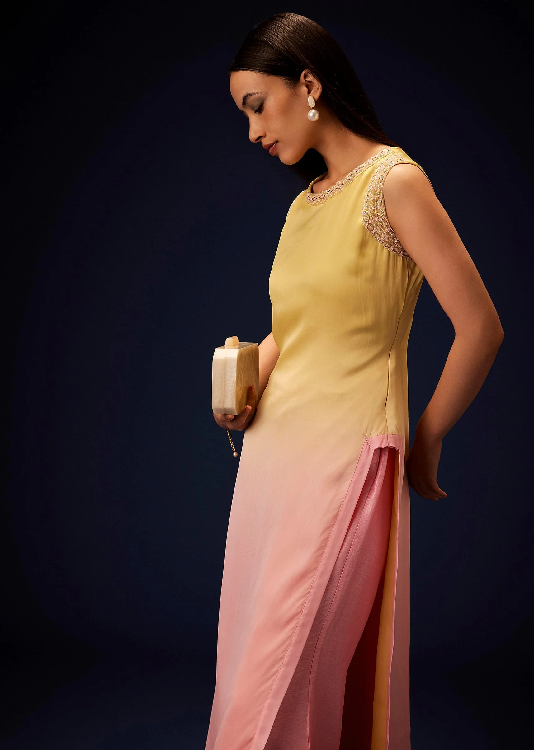 Yellow Ombre A Line Kurta With Bell Bottom Pants - Image 4