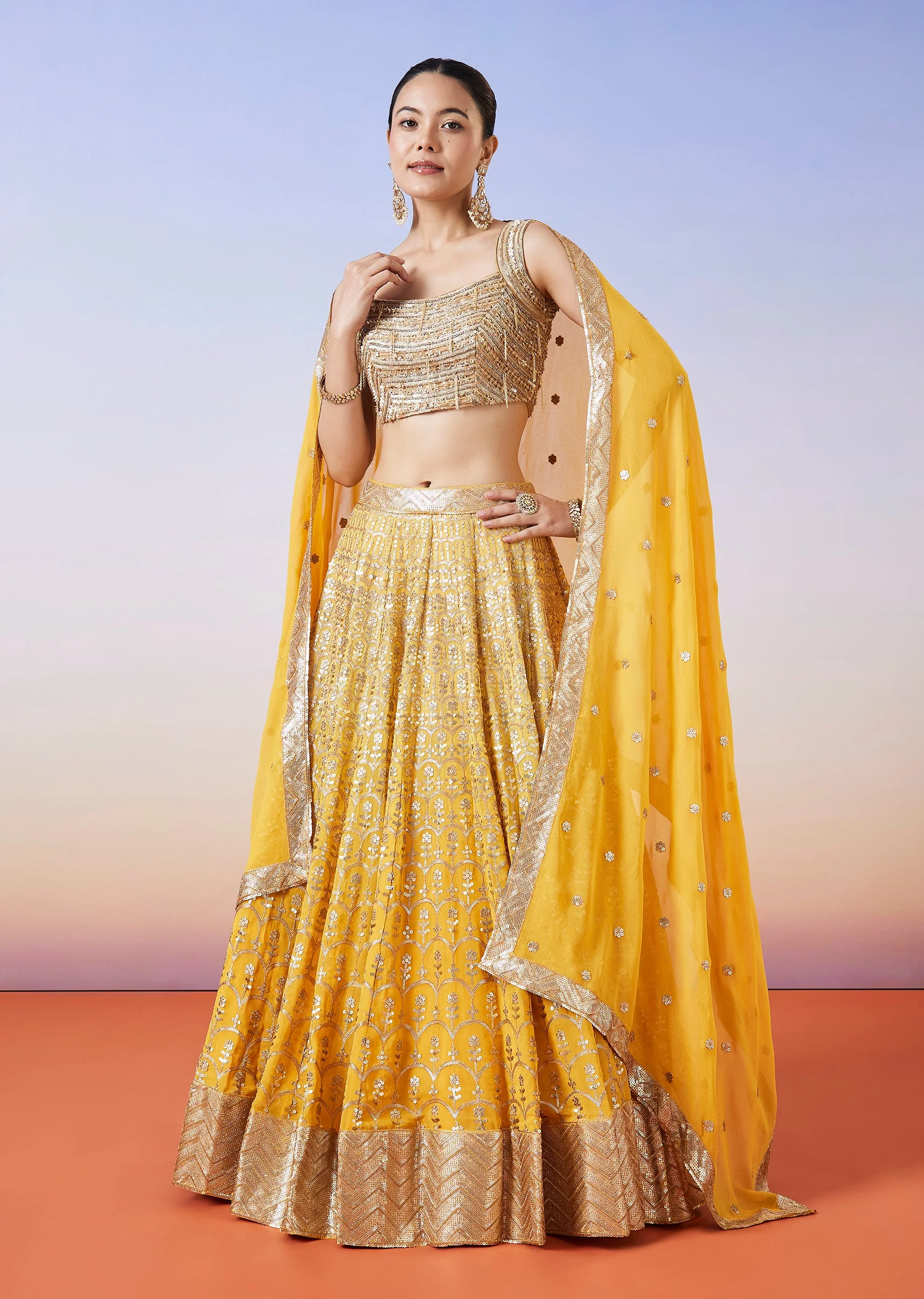 Yellow Ombre Embroidered Lehenga With Dupatta