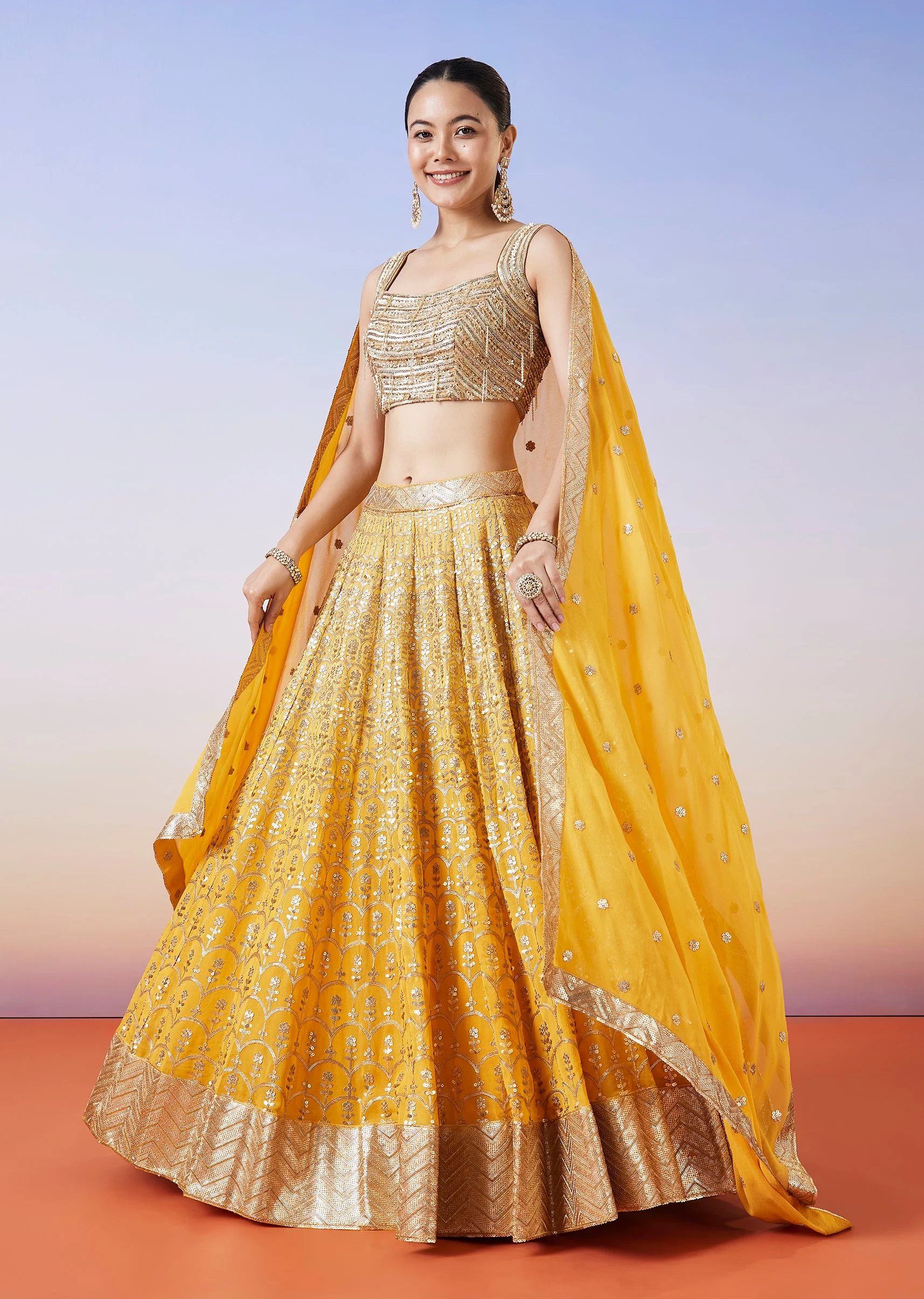 Yellow Ombre Embroidered Lehenga With Dupatta - Image 4