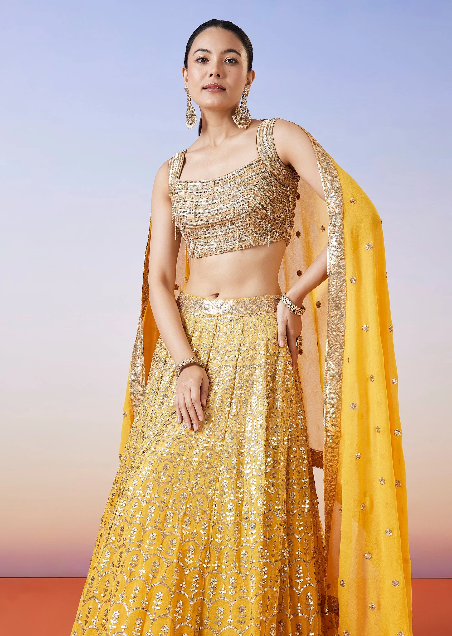 Yellow Ombre Embroidered Lehenga With Dupatta - Image 5