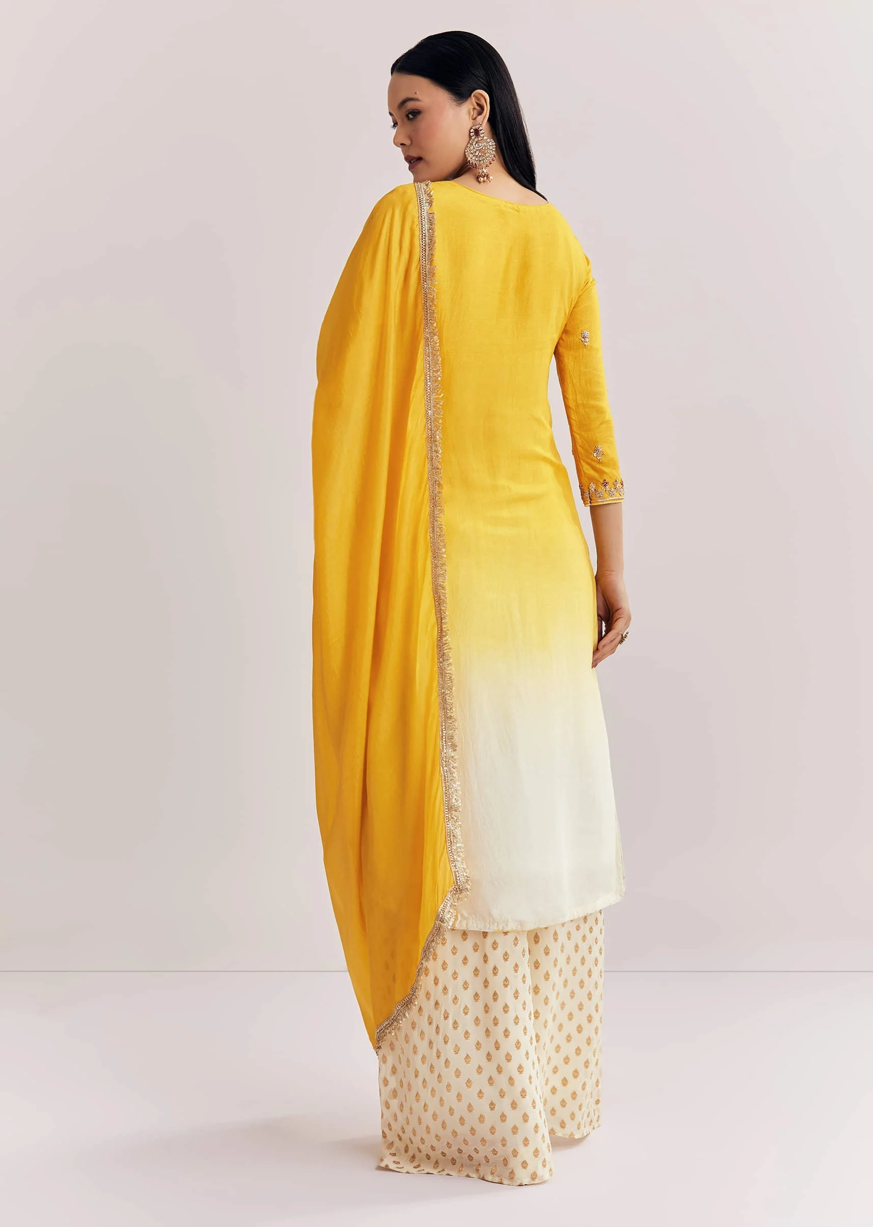 Yellow Ombre Kurta Palazzo Suit With Zardosi And Sequins Work - Image 5