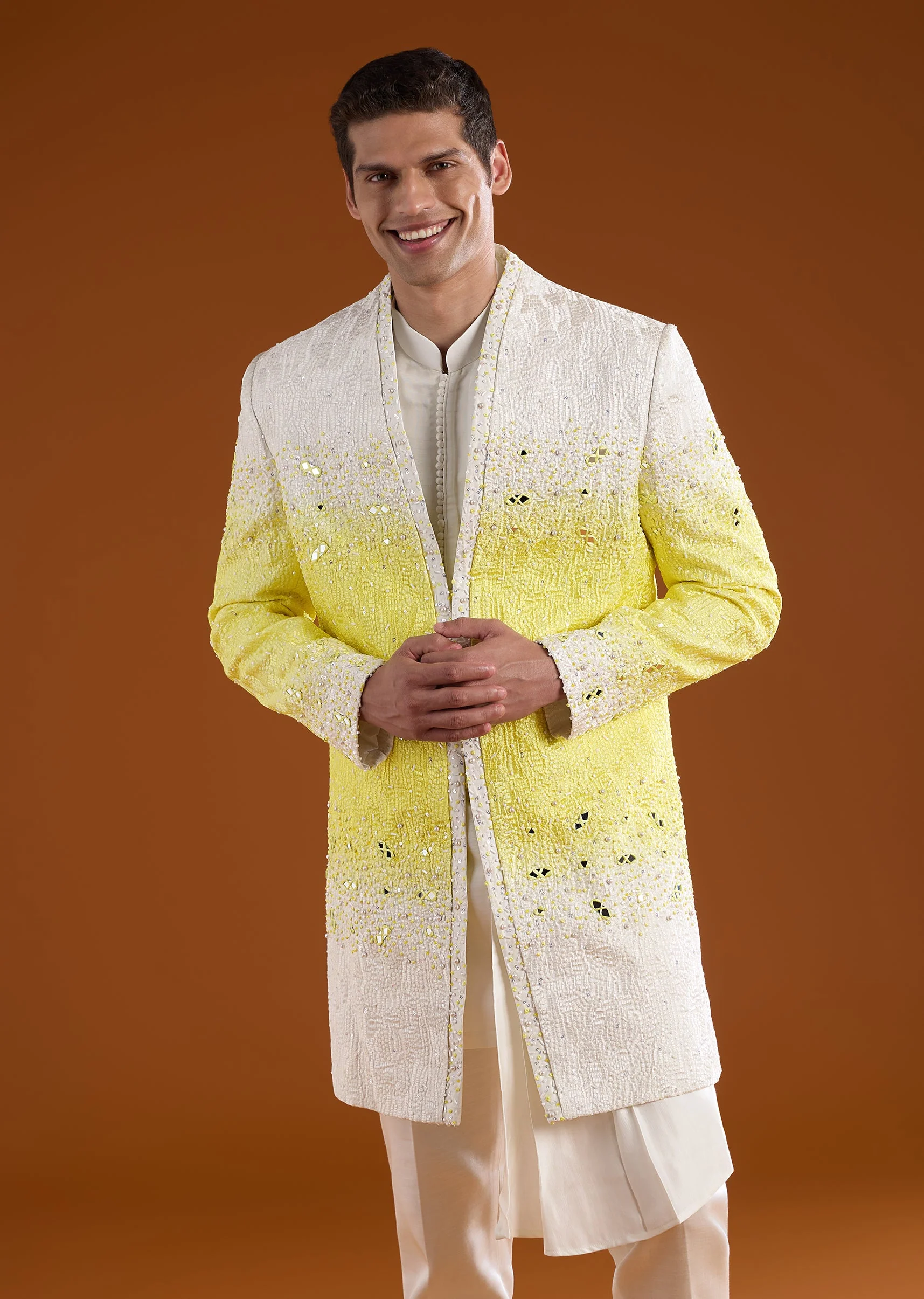 Yellow Ombre Mirror Embroidered Indowestern Kurta Set - Image 4