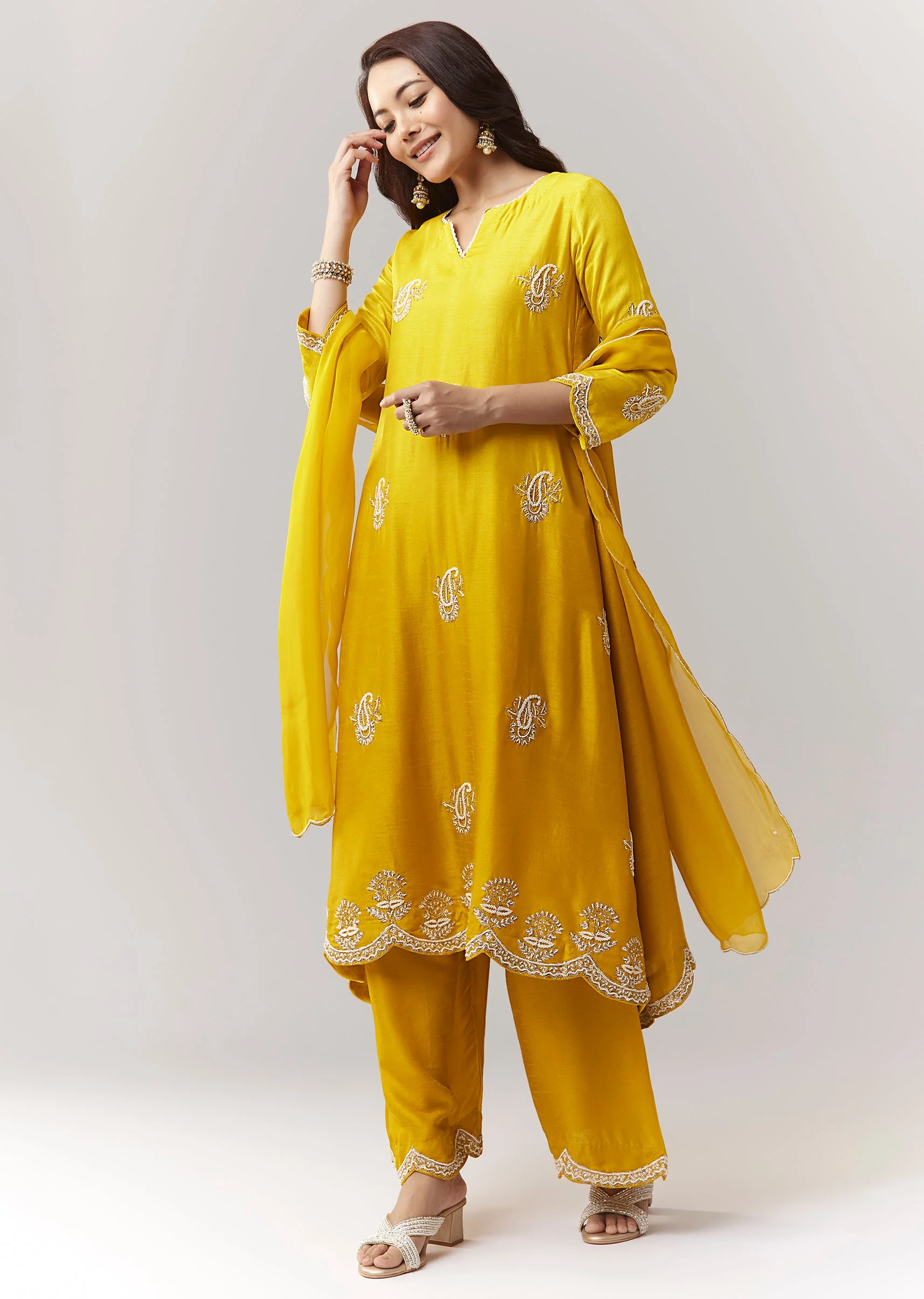 Yellow Ombre Moti Gotta Anarkali Palazzo Set With Dupatta - Image 3