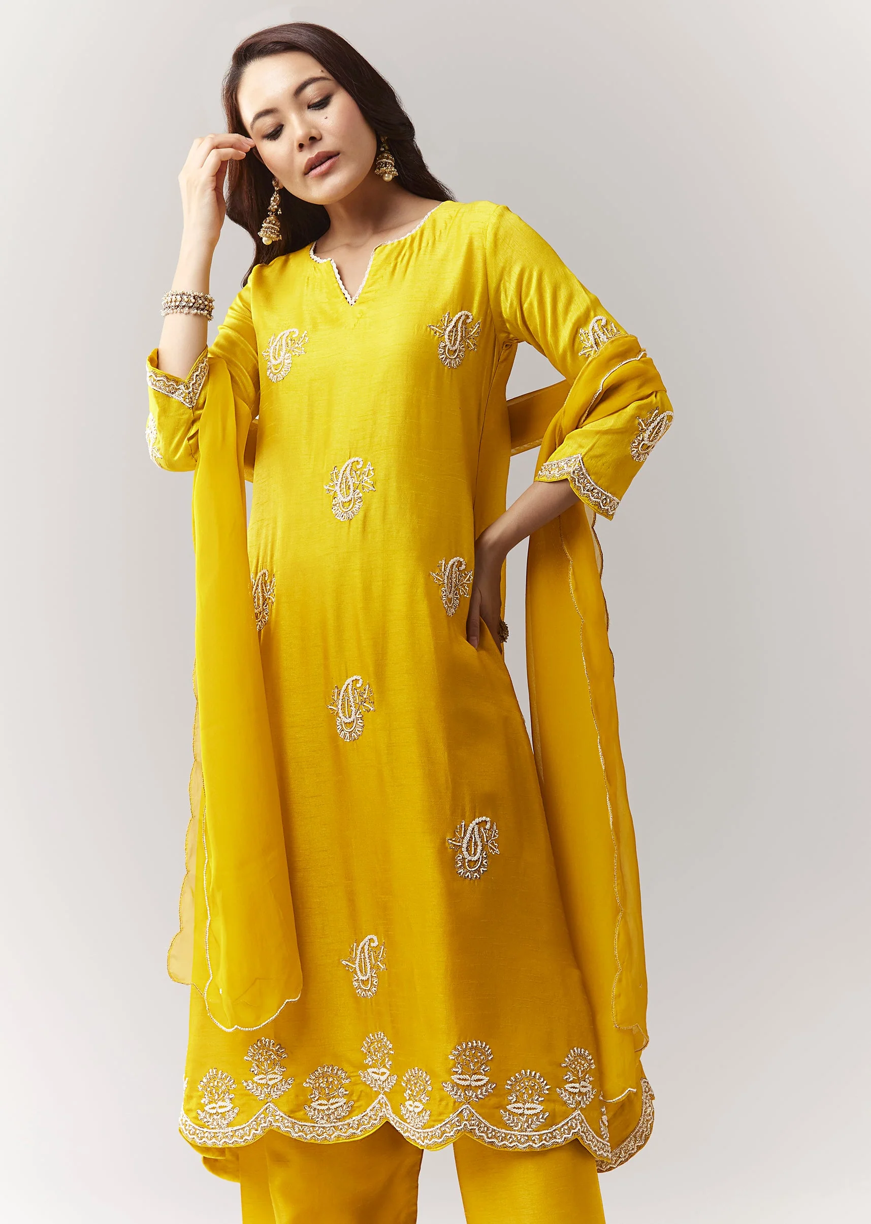 Yellow Ombre Moti Gotta Anarkali Palazzo Set With Dupatta - Image 4