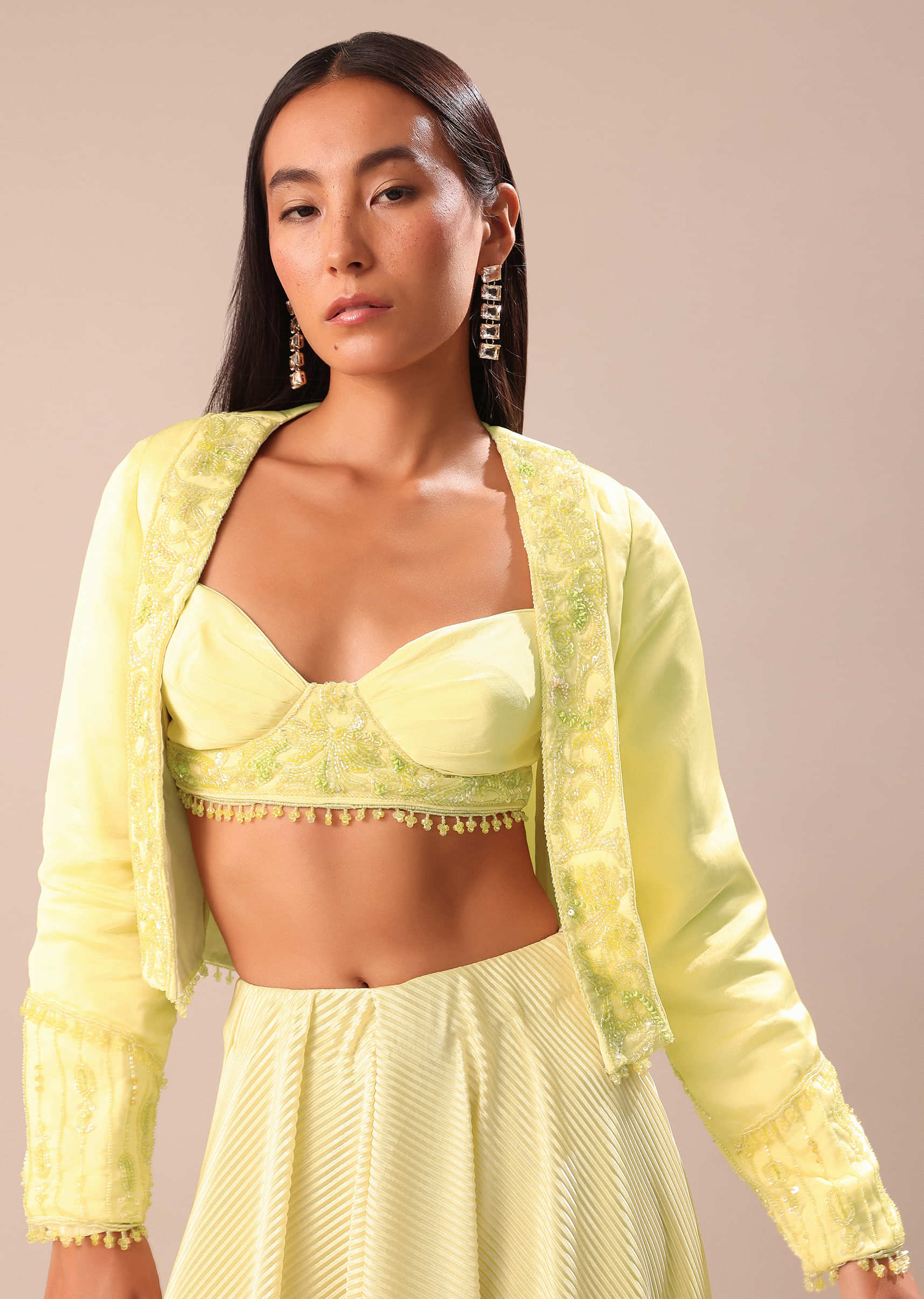 Yellow Ombre Organza Blouse And Palazzo With Jacket - Image 2