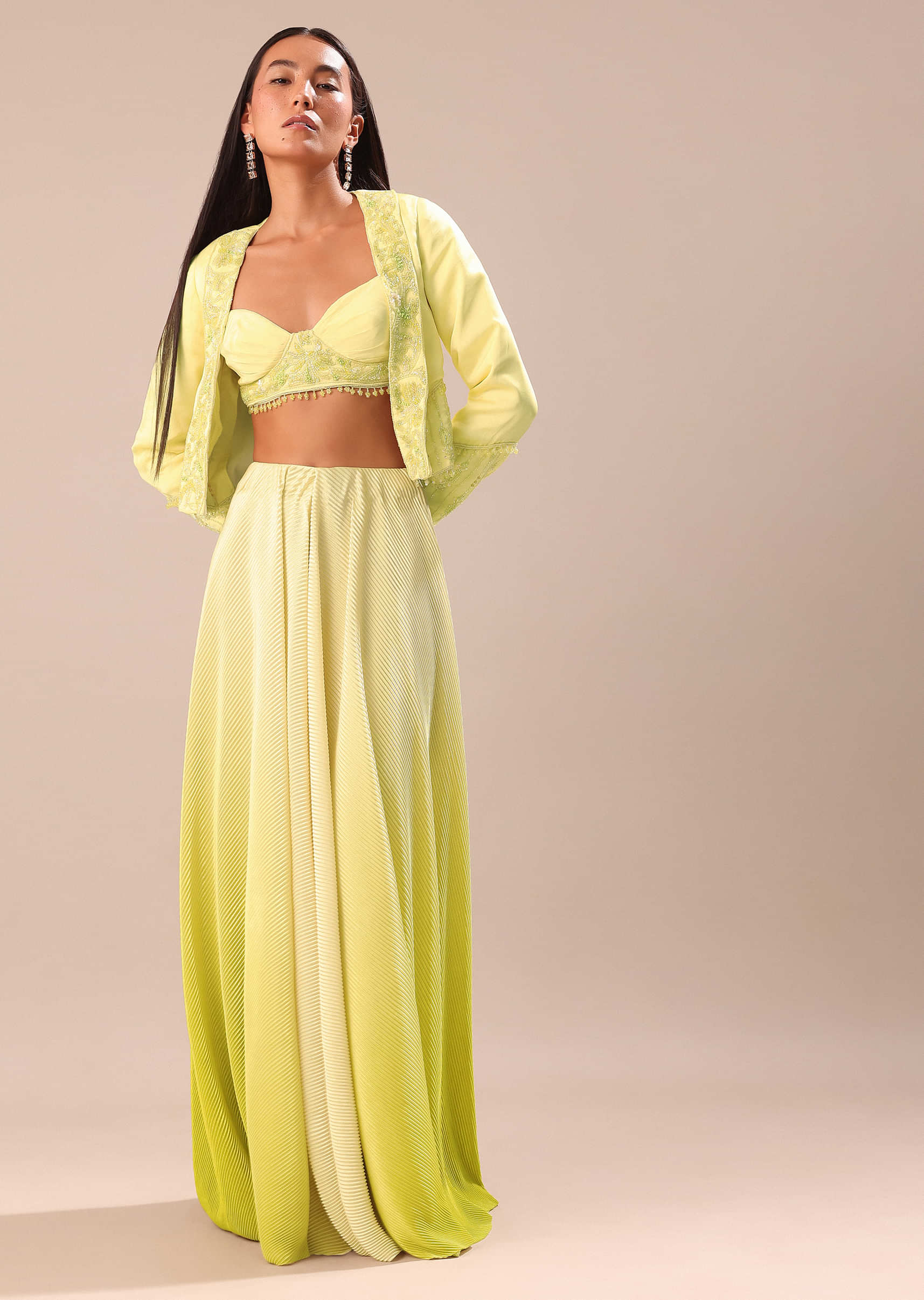 Yellow Ombre Organza Blouse And Palazzo With Jacket - Image 3