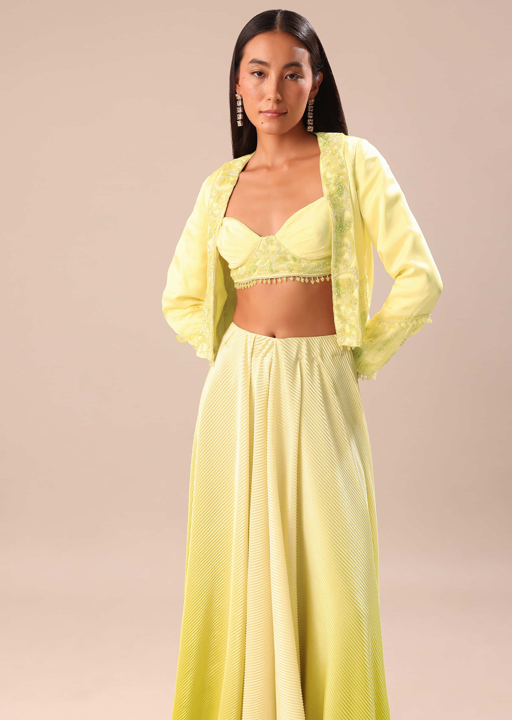 Yellow Ombre Organza Blouse And Palazzo With Jacket - Image 4