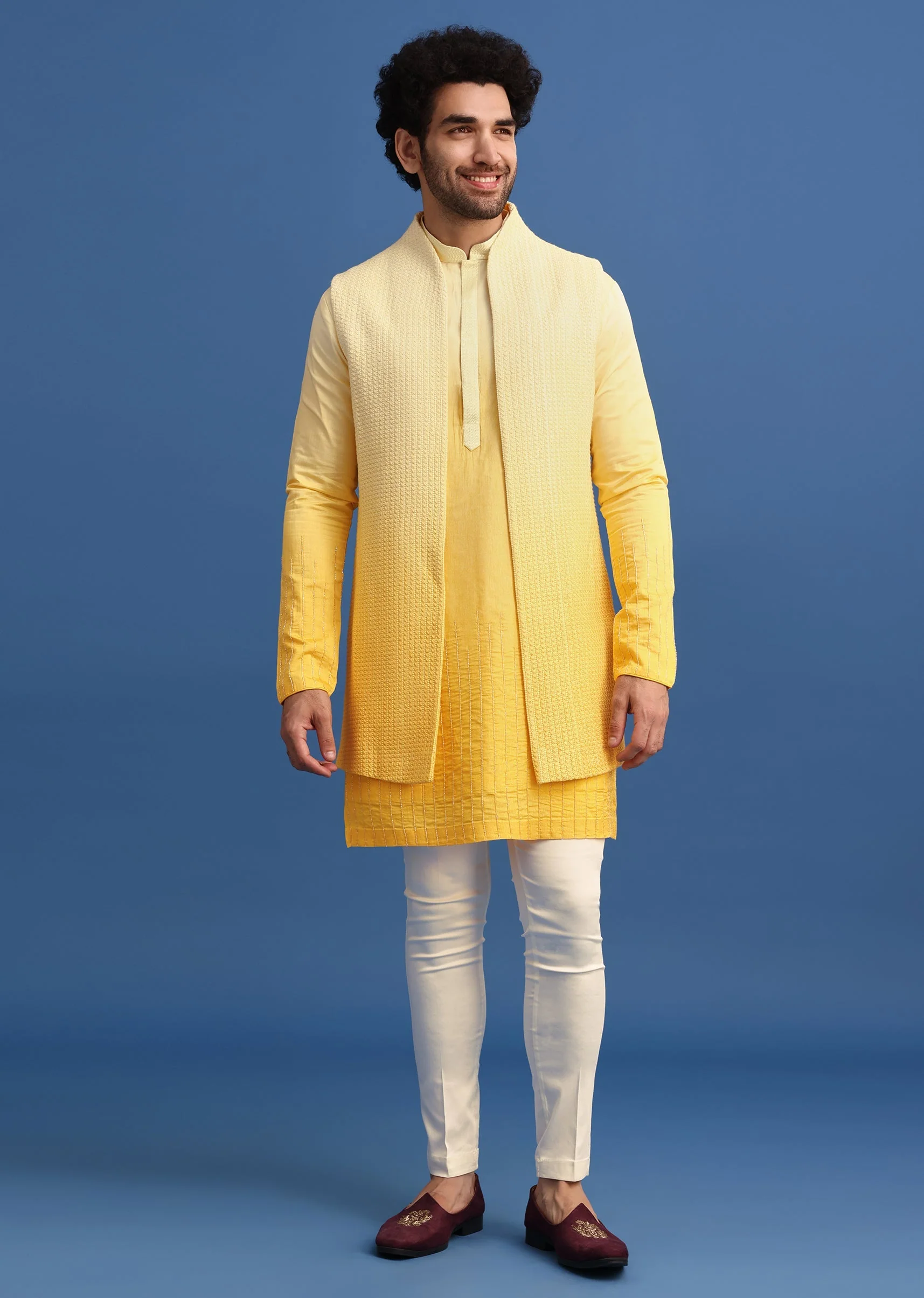 Yellow Ombre Silk Kurta Jacket Set With Zardozi Work - Image 3